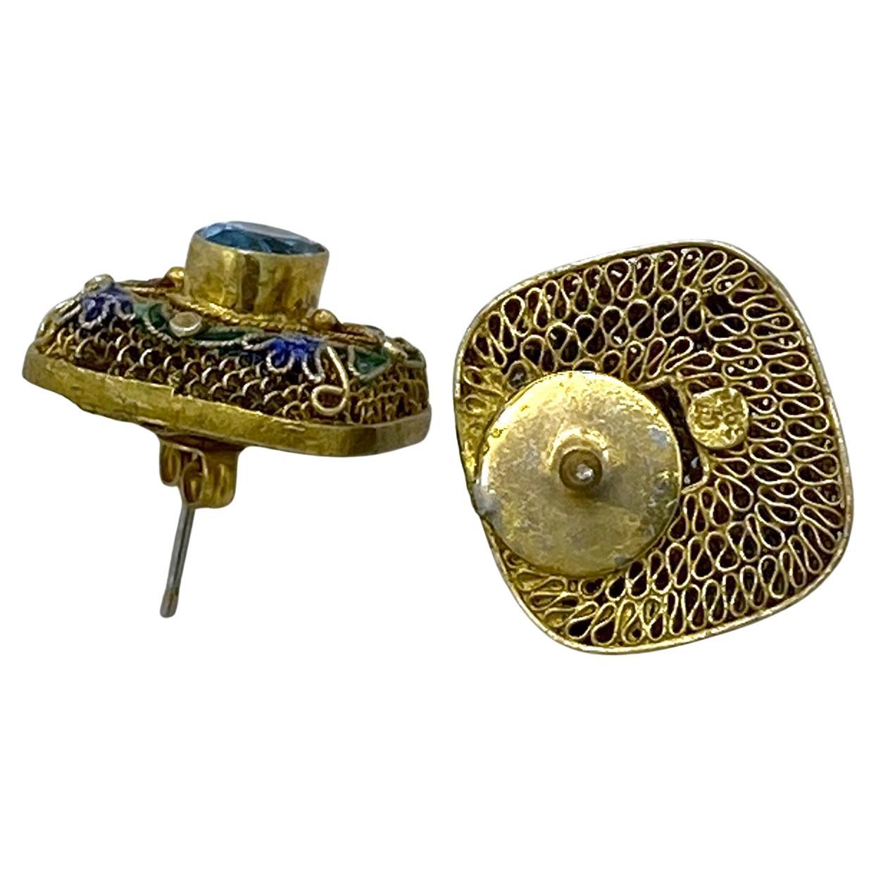 Oval Cut 24K Vermeil Cloisonne with Blue Topaz Earrings For Sale
