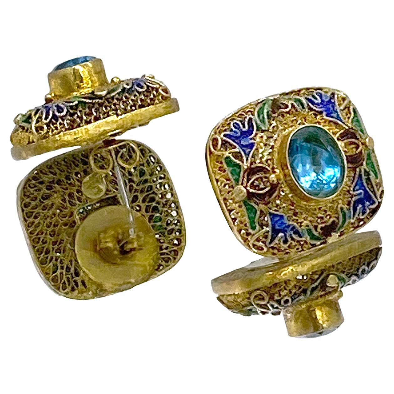 24K Vermeil Cloisonne with Blue Topaz Earrings In Good Condition For Sale In Atlanta, GA
