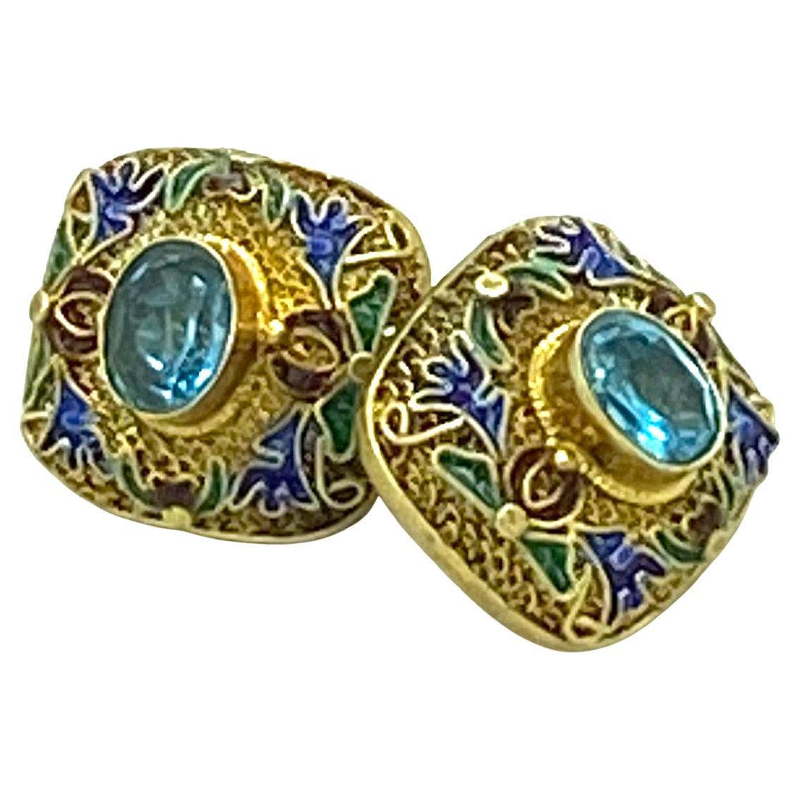 Women's 24K Vermeil Cloisonne with Blue Topaz Earrings For Sale