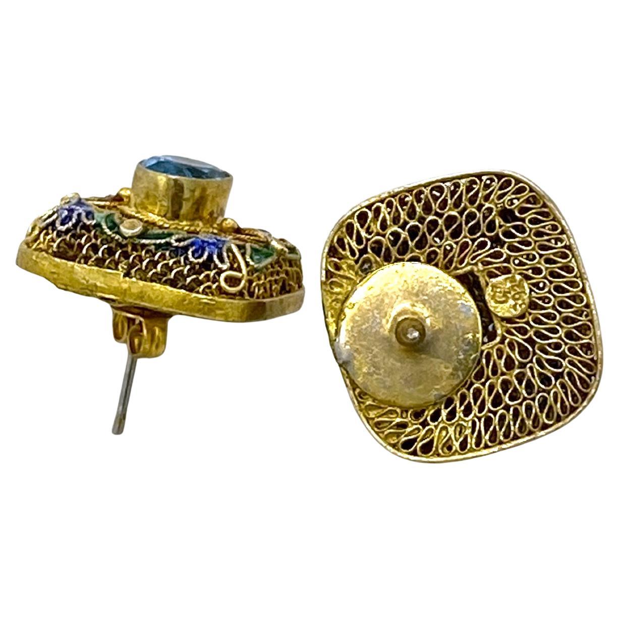24K Vermeil Cloisonne with Blue Topaz Earrings For Sale 1