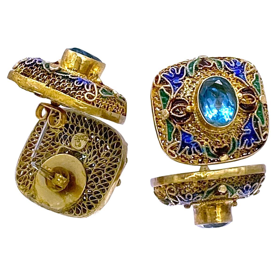 24K Vermeil Cloisonne with Blue Topaz Earrings For Sale 2
