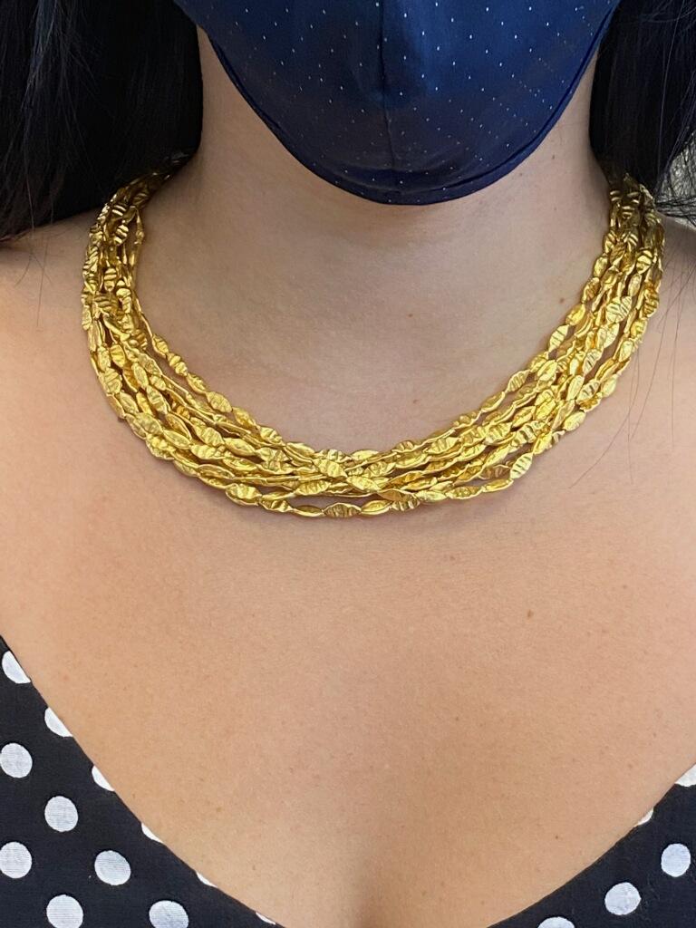 24 Karat Yellow Gold '10' Strand Necklace with Hammered Gold Links For