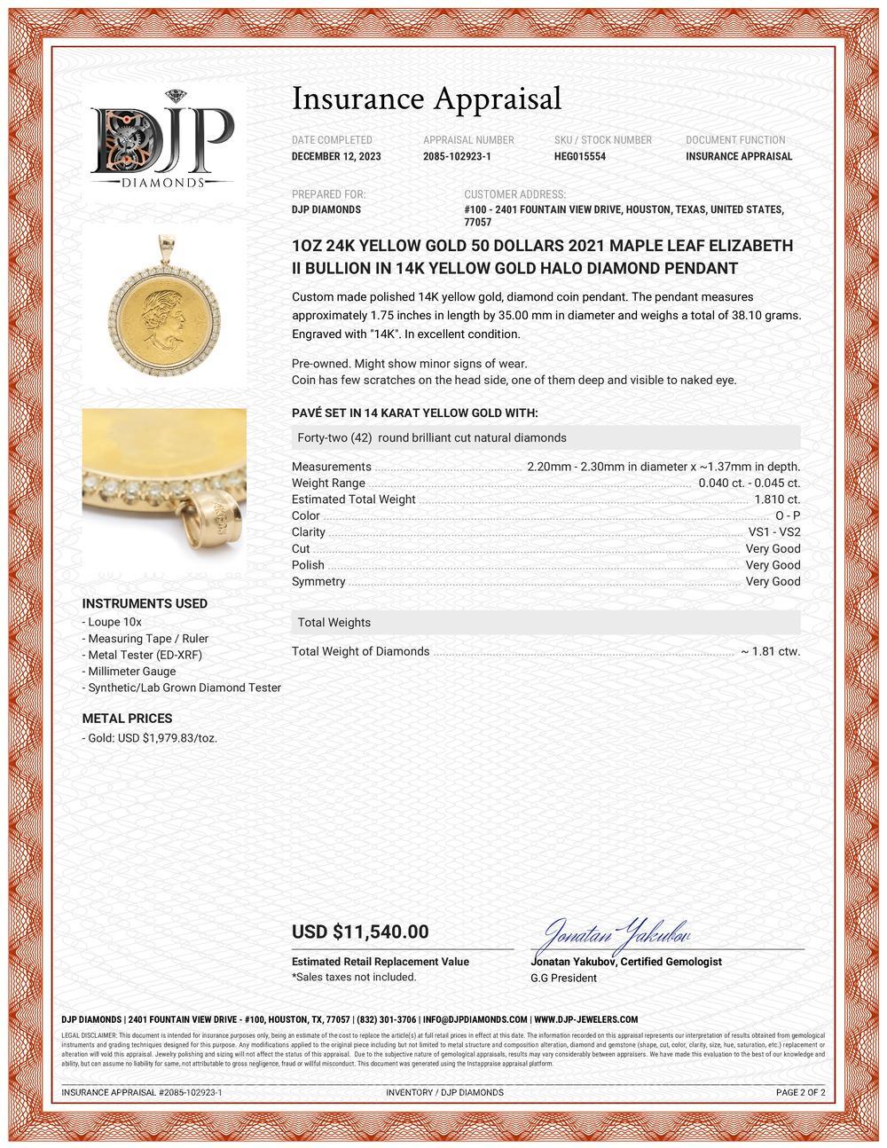 Women's or Men's 24K Yellow Gold 50 Dollars 2021 Maple Leaf Elizabeth II 14K Gold Diamond Pendant For Sale