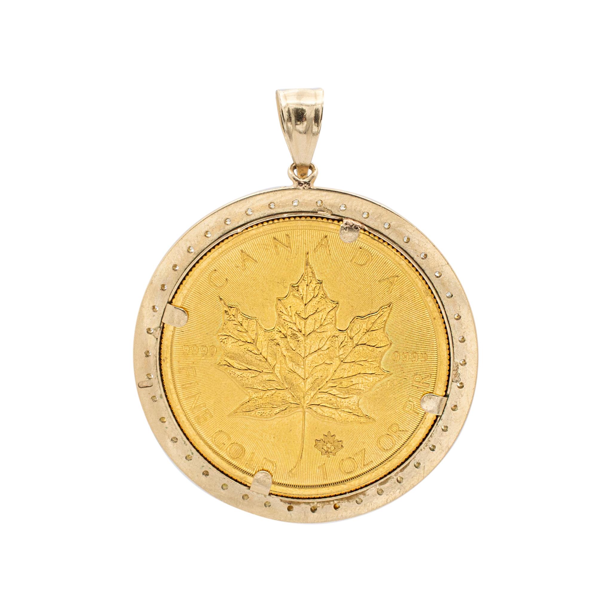 Gender: Unisex

Metal Type: 24K Yellow Gold

Length: 1.75 inches

Diameter: 35.00 mm

Total weight: 38.10 grams

14K yellow gold, diamond coin pendant . Engraved with 
