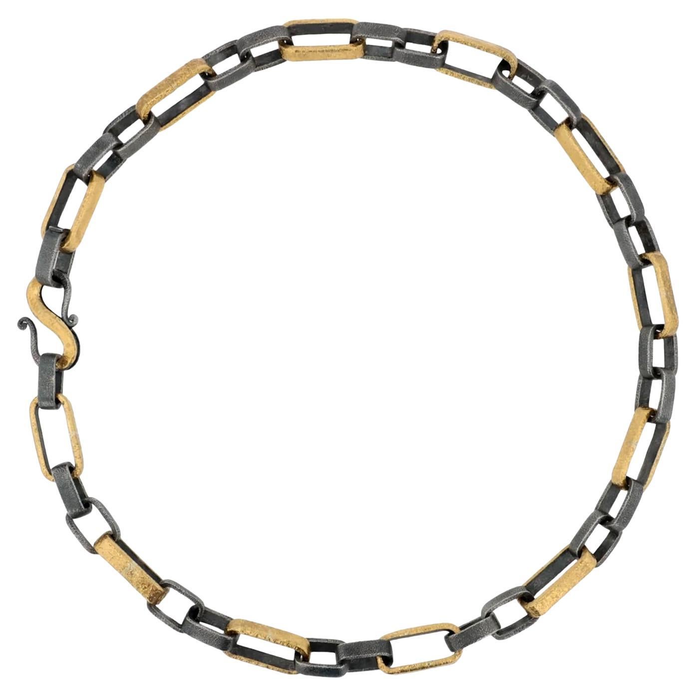 24K Yellow Gold and Oxidized Silver 17" Link Chain by Bora For Sale