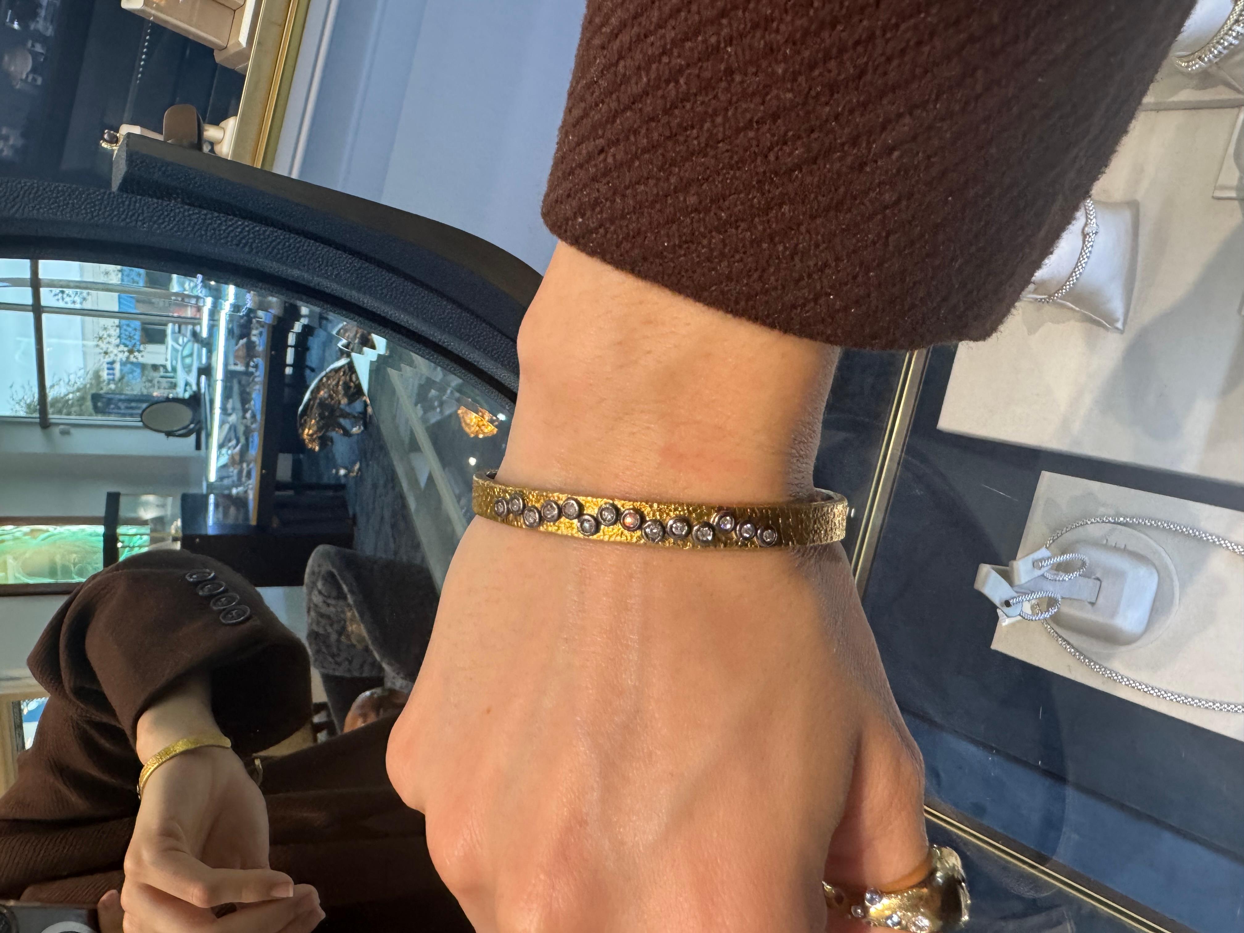 Brilliant Cut 24K Yellow Gold and Oxidized Silver Diamond Cuff Bracelet For Sale