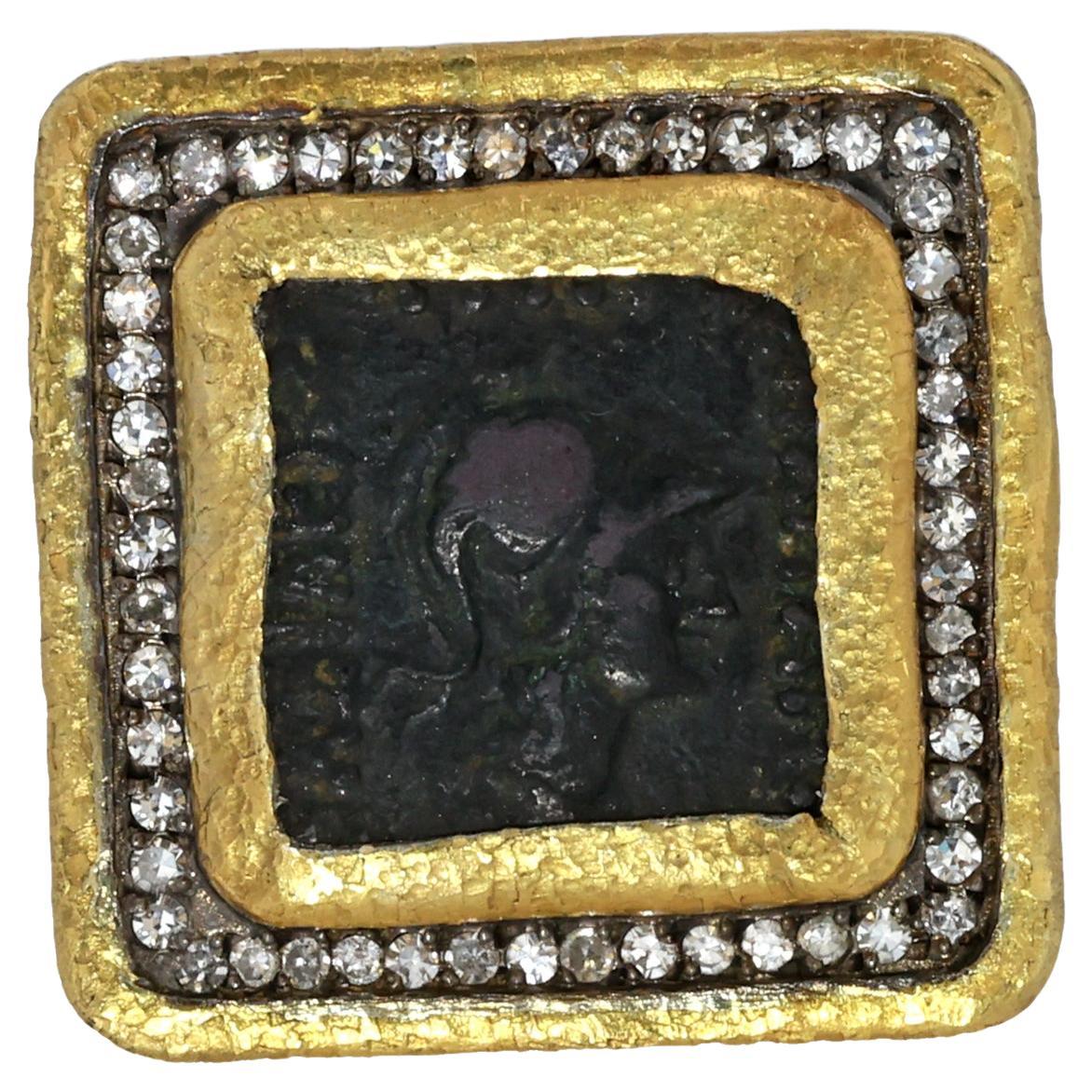 24K Yellow Gold and Sterling Silver Diamond and Antique Coin Ring