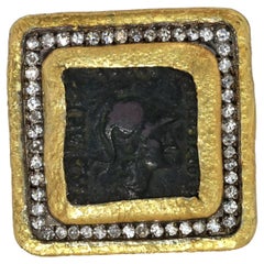 24K Yellow Gold and Sterling Silver Diamond and Antique Coin Ring