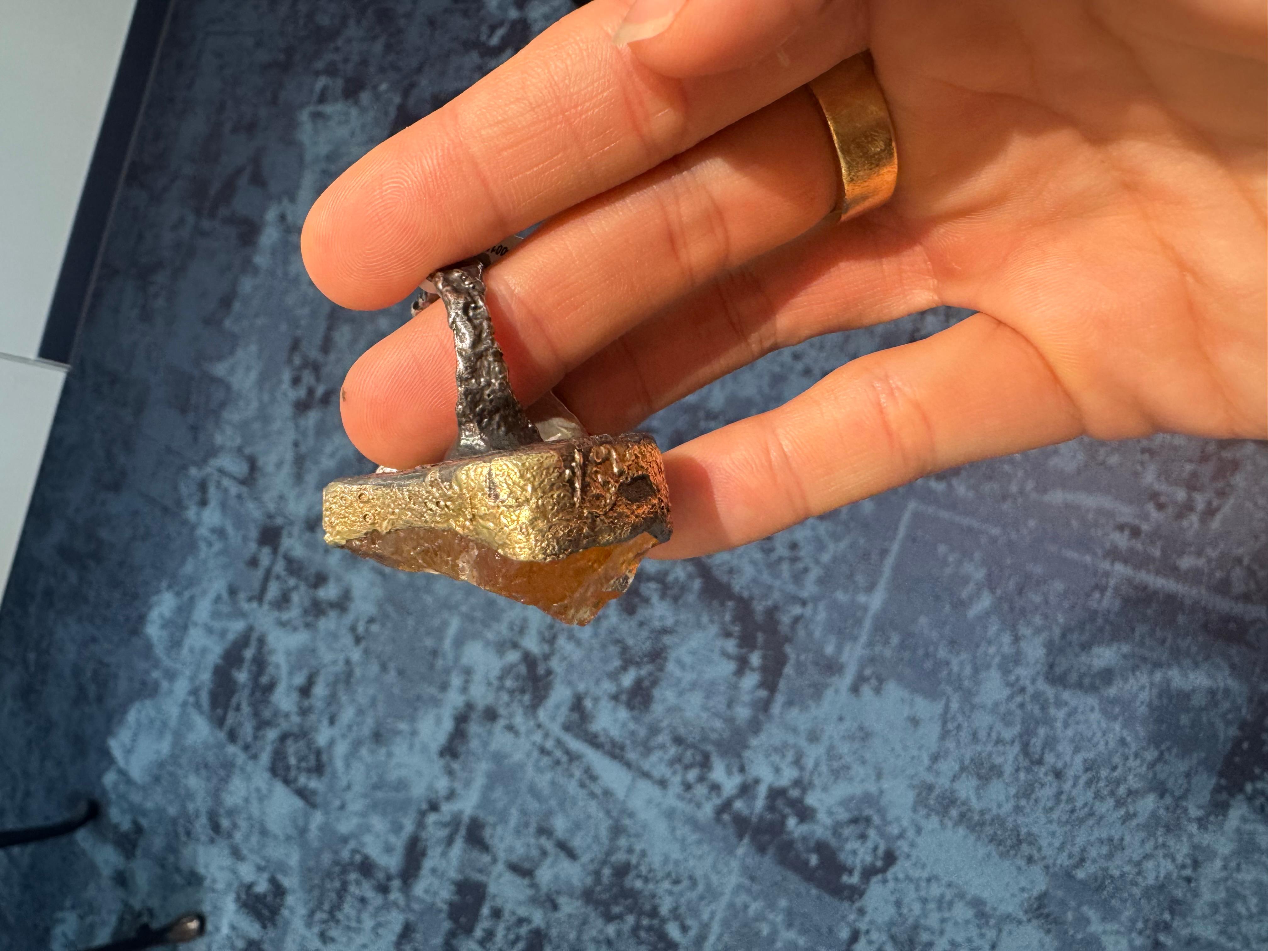 Classical Greek 24K Yellow Gold and Sterling Silver Ring with Raw Citrine and Tourmaline For Sale