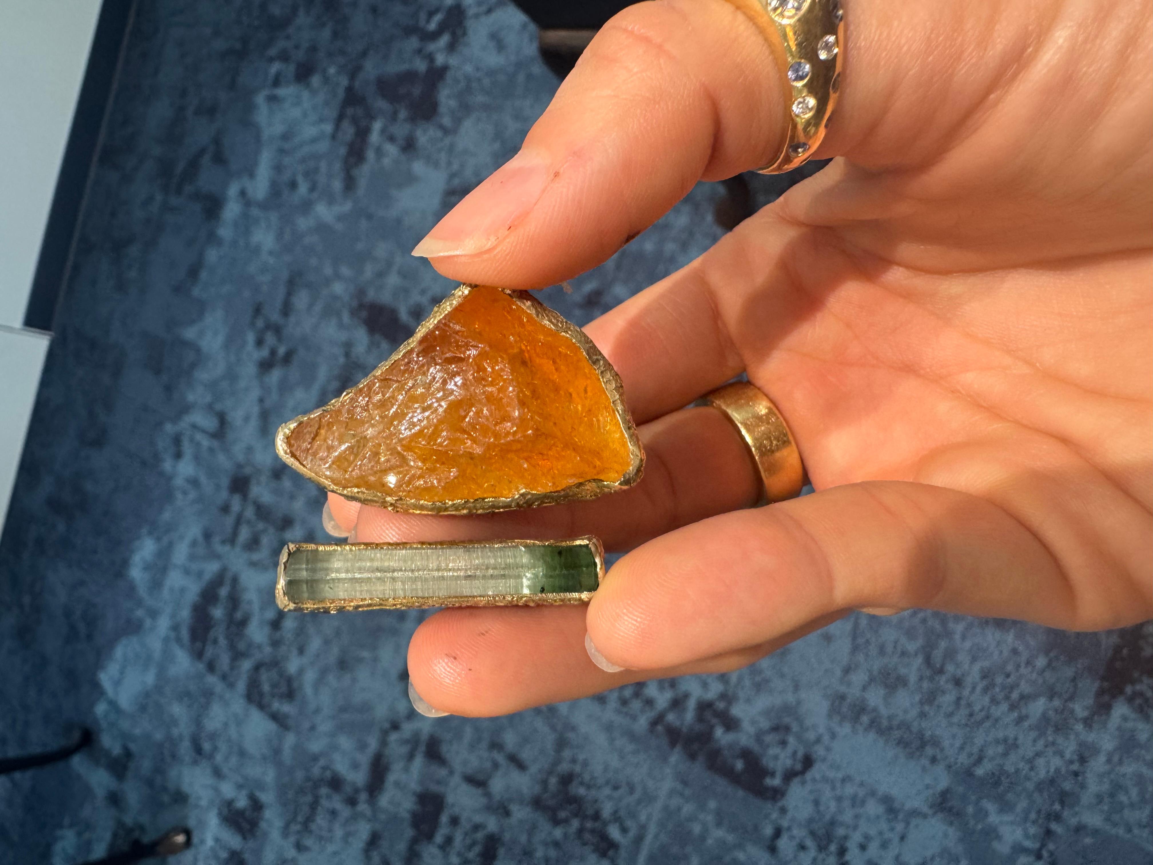 Rough Cut 24K Yellow Gold and Sterling Silver Ring with Raw Citrine and Tourmaline For Sale