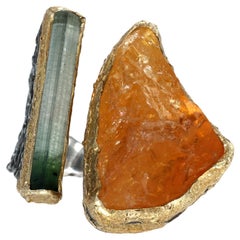 Bague en or jaune 24 carats et argent sterling avec citrine brute et tourmaline
