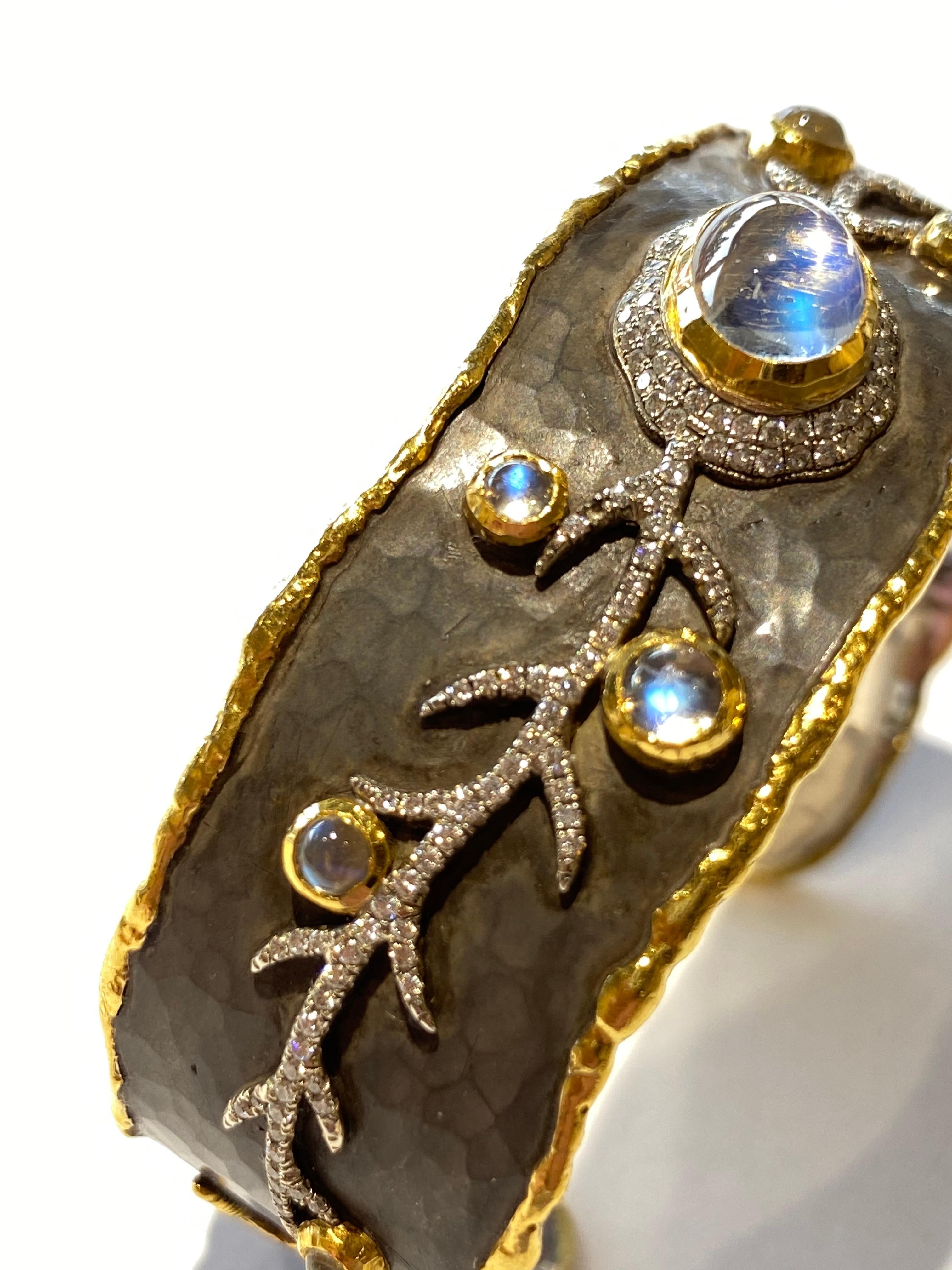 Uncut Victor Velyan 24K Yellow Gold Cuff with Moonstone and Diamonds 