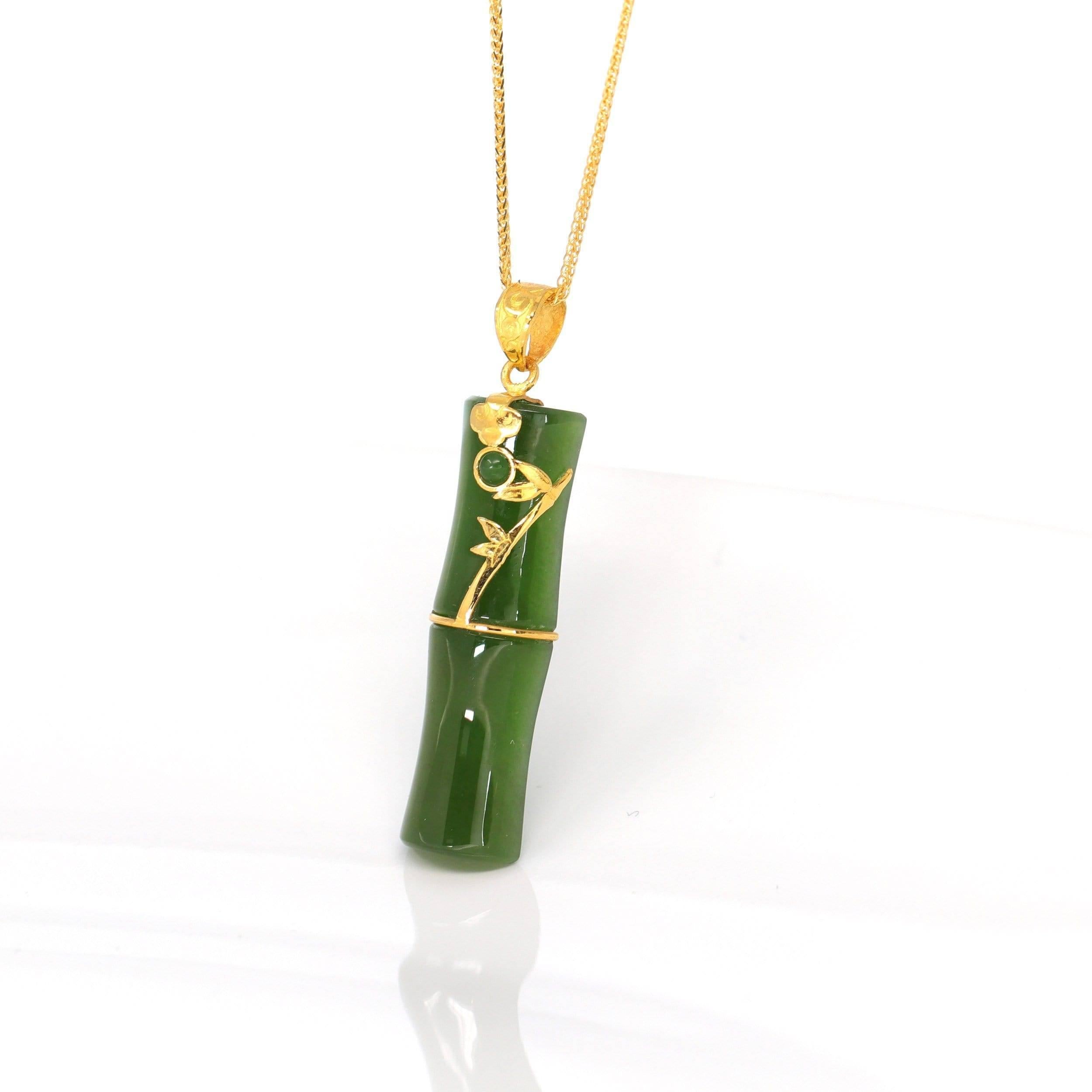 * DETAILS--- 24k Yellow Gold Genuine Nephrite Green Jade Bamboo Pendant Necklace. This pendant is made with high-quality genuine green jade, The green jade texture is so smooth and translucent. It's perfect without flaws. Excellent carving work is
