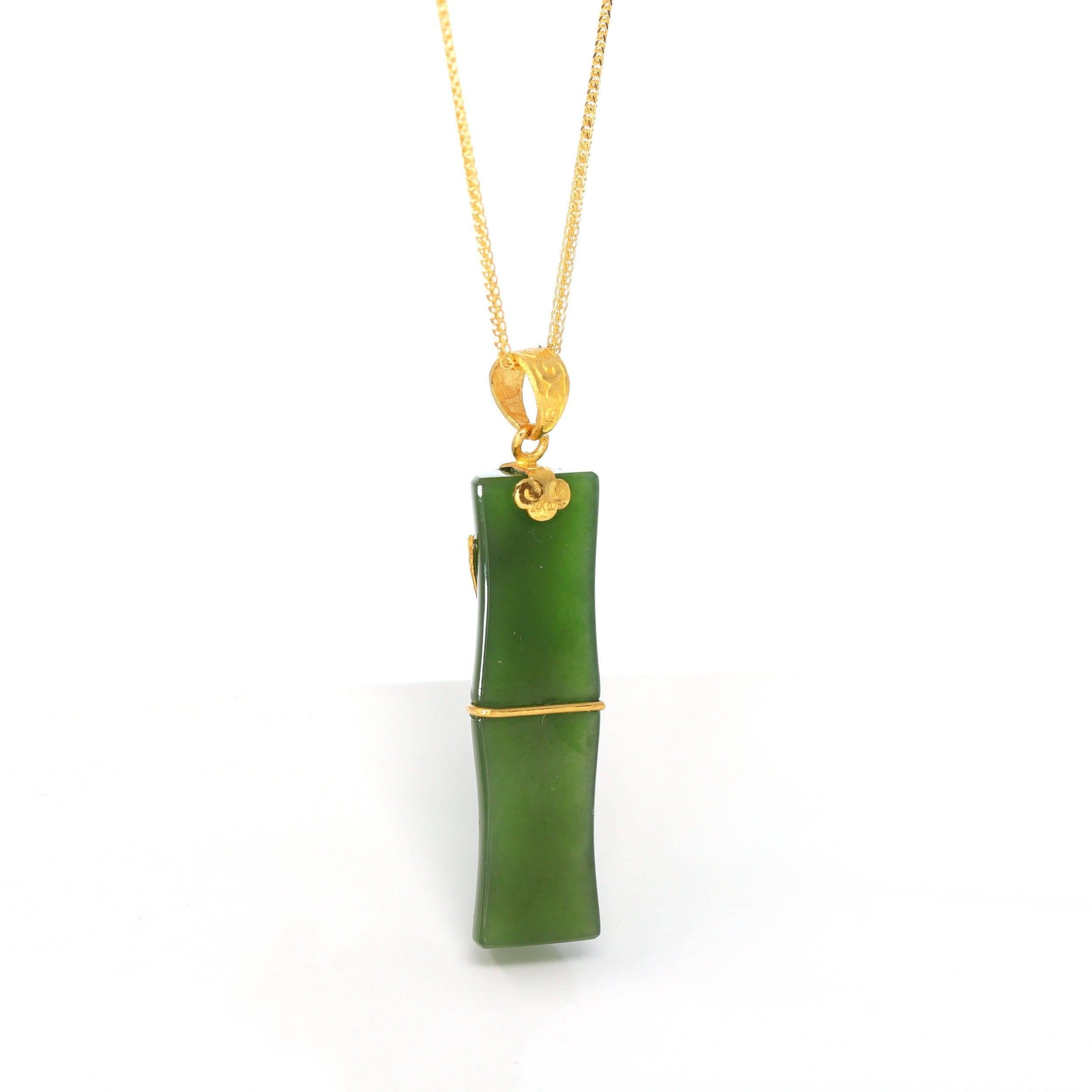 Artiste Collier pendentif en or jaune 24 carats et jade de bambou vert pomme en néphrite véritable en vente