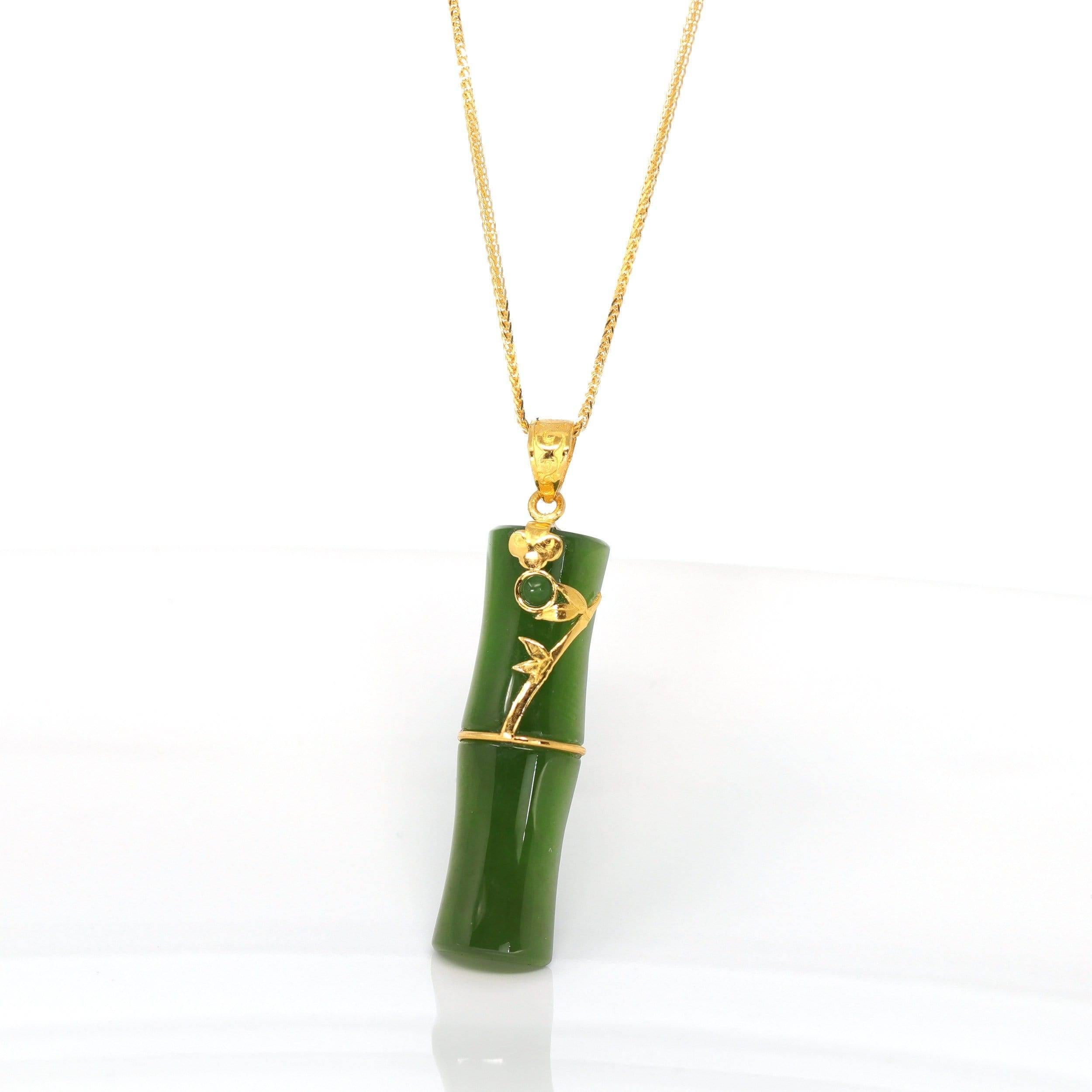 24k Yellow Gold Genuine Nephrite Apple Green Jade Bamboo Pendant Necklace For Sale