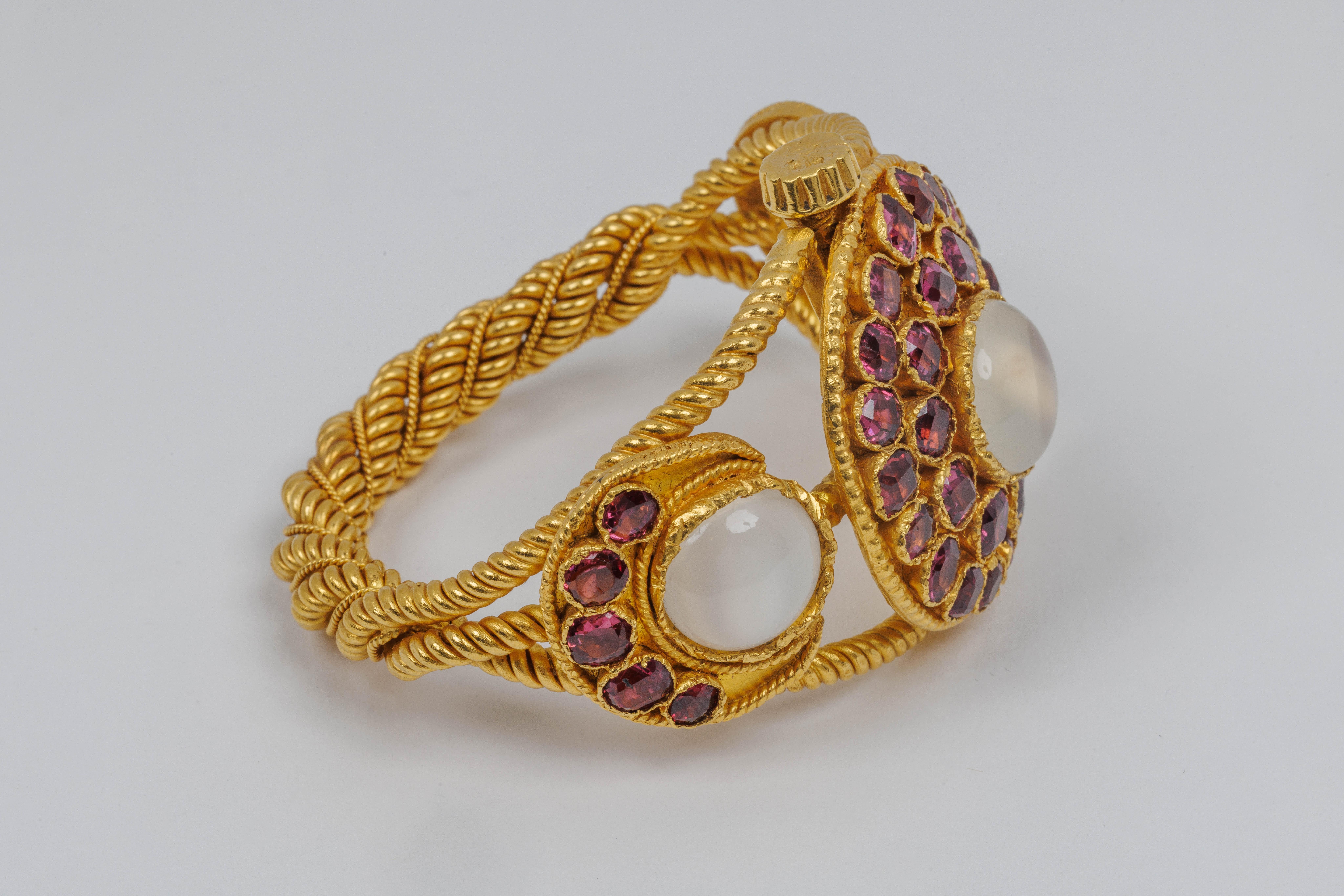 Cabochon 24k Yellow Gold Heavy Moonstone and Garnet Statement Bangle Bracelet  For Sale