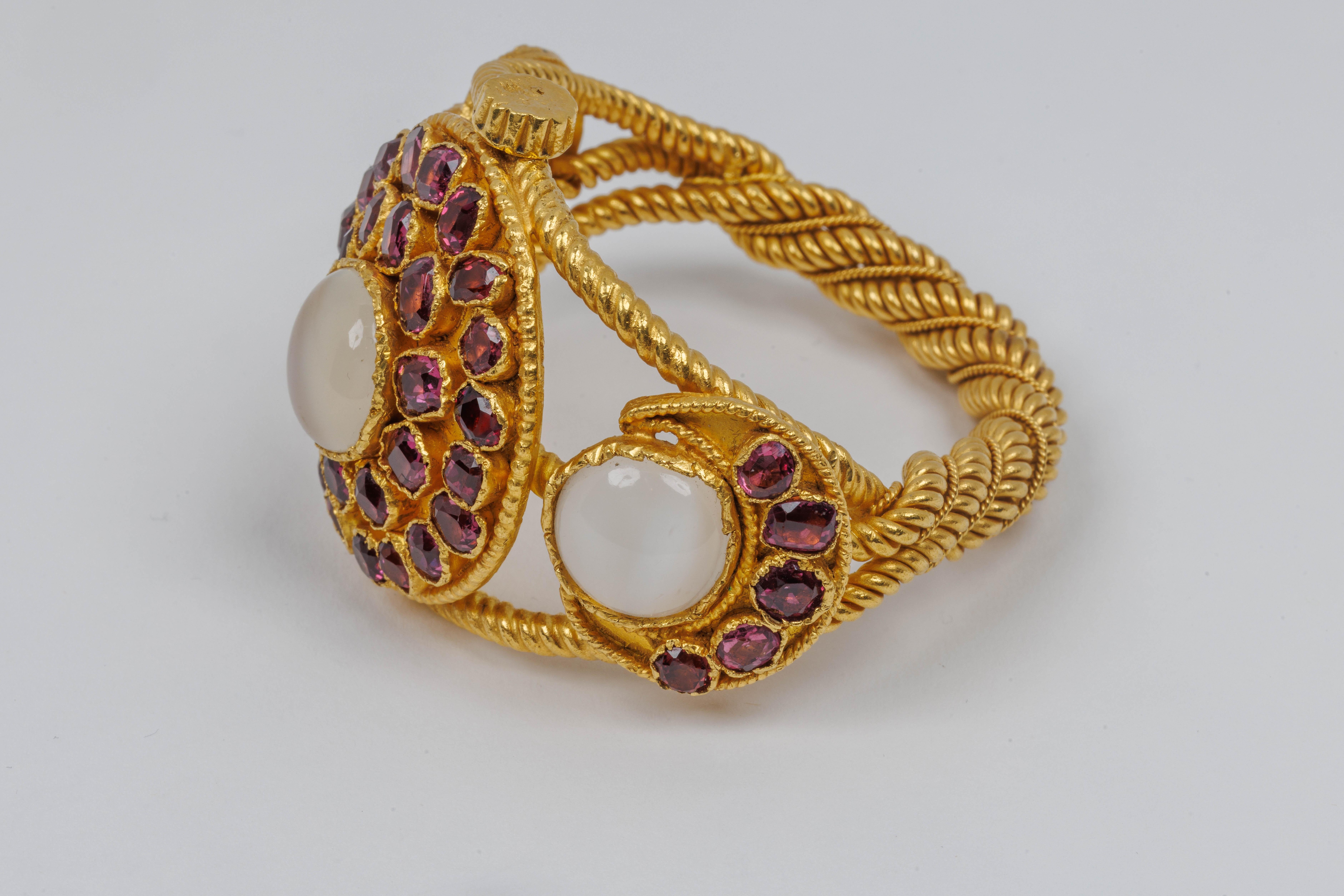 Women's 24k Yellow Gold Heavy Moonstone and Garnet Statement Bangle Bracelet  For Sale