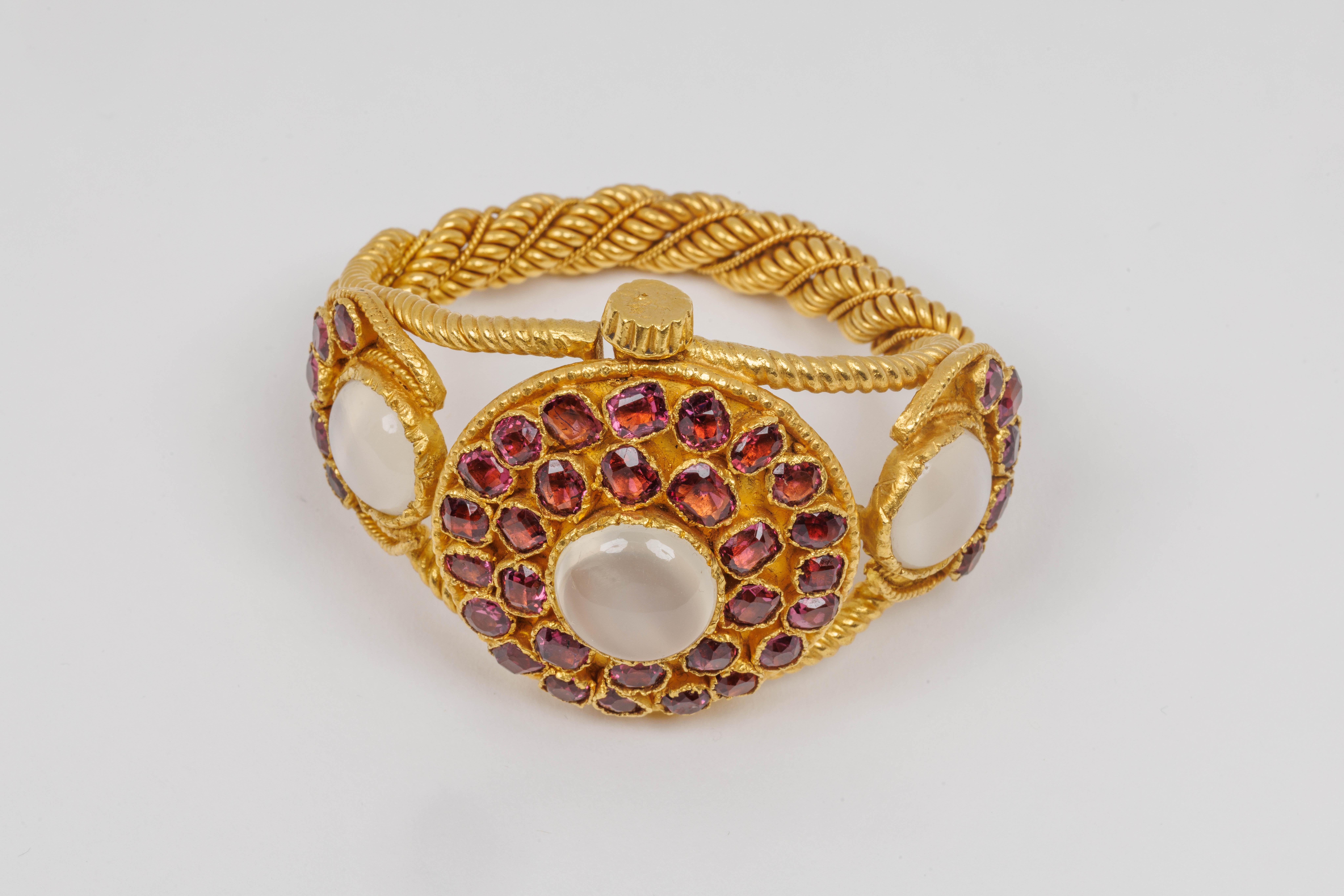 24k Yellow Gold Heavy Moonstone and Garnet Statement Bangle Bracelet  For Sale 1