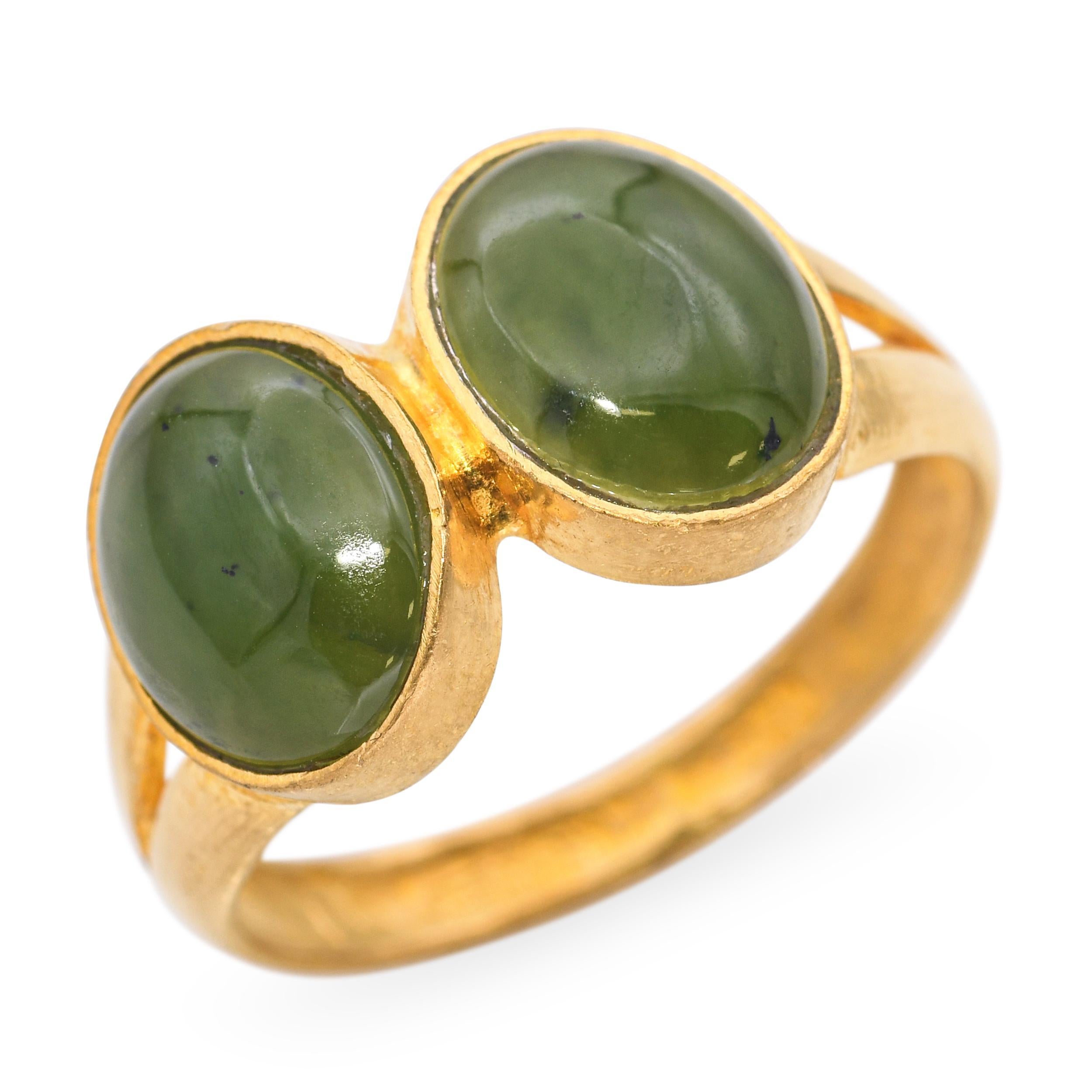 This striking ring is crafted in 24k yellow gold and showcases two smooth jade gemstones in a balanced, elegant design. The rich green hues of the jade contrast beautifully with the warm, pure gold setting. Minimalist yet bold, it highlights the