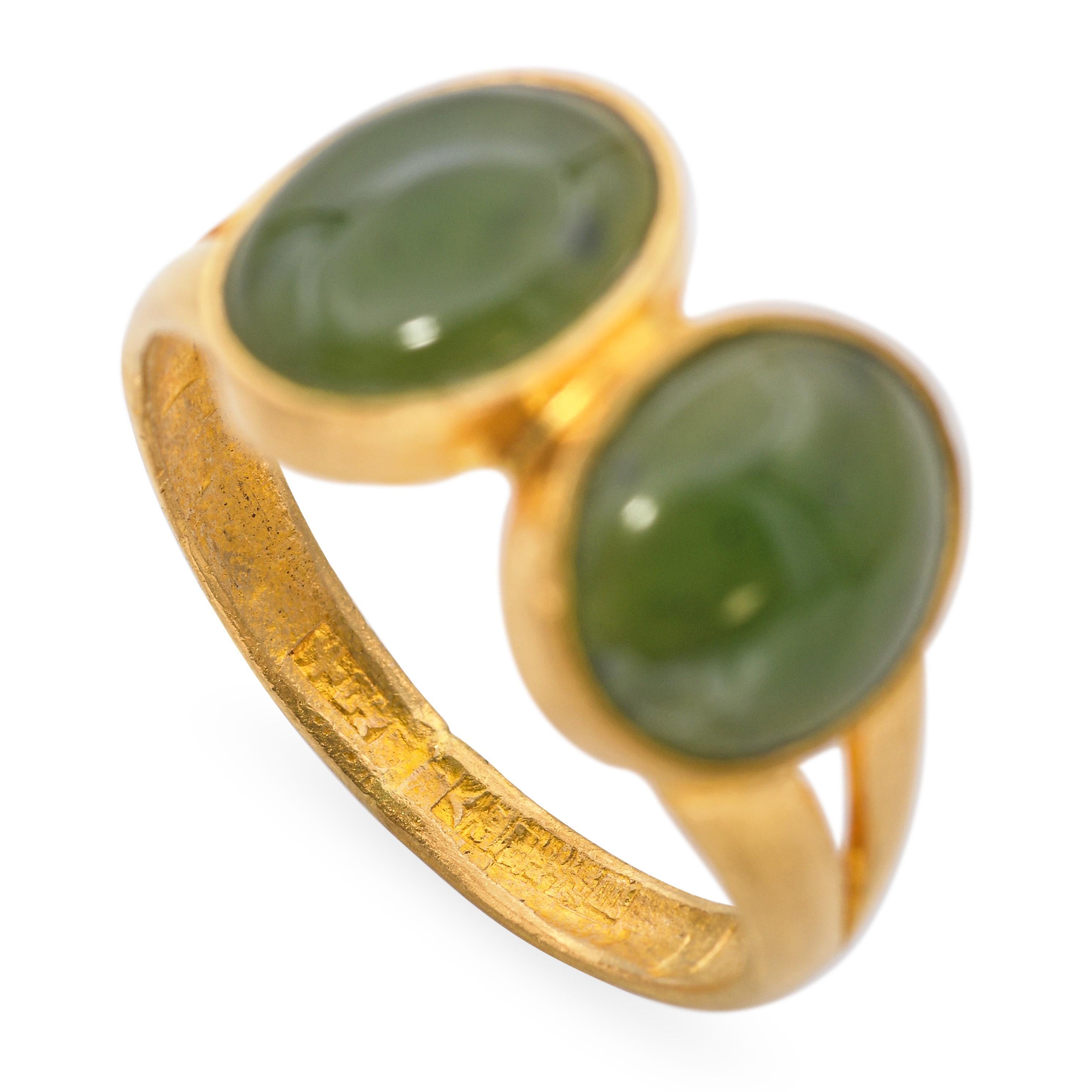 24k Yellow Gold Jade Two-Stone Ring For Sale 2