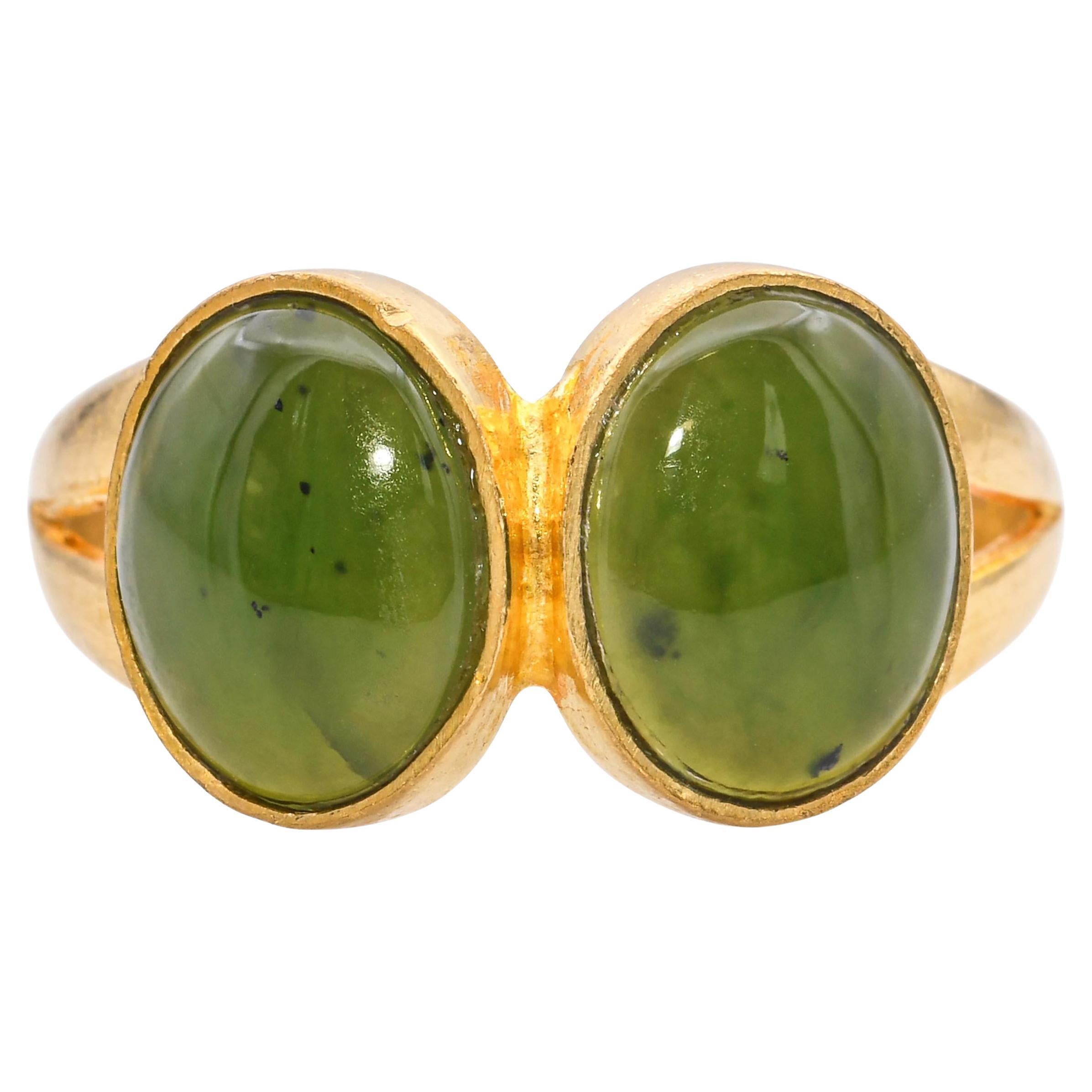 24k Yellow Gold Jade Two-Stone Ring For Sale