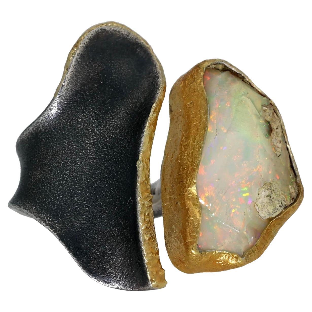 24K Yellow Gold & Oxidized Sterling Silver Ring by Bora with Raw Ethiopian Opal For Sale