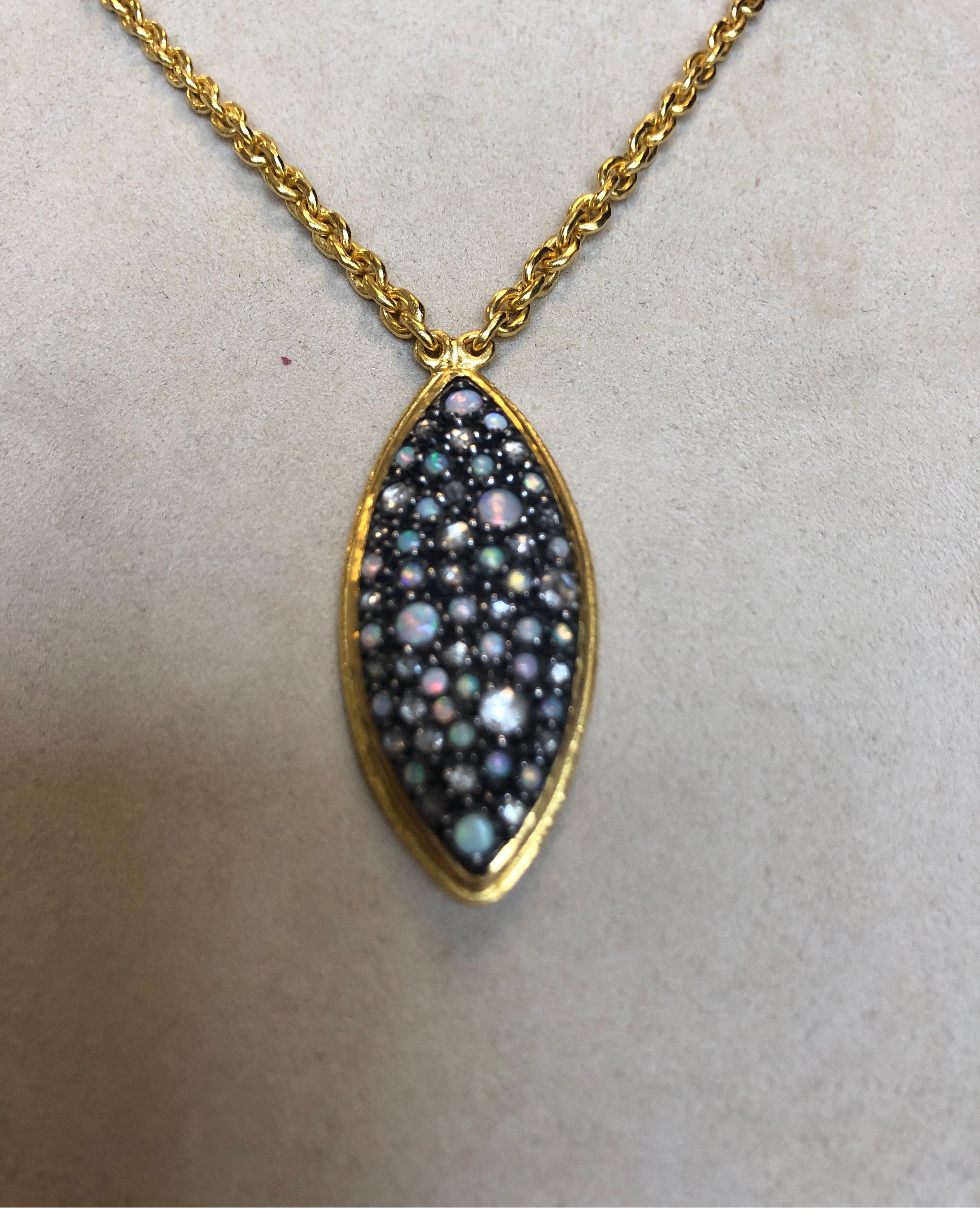 24 Karat Yellow Gold Pendant with Opal and Diamond Drop In New Condition In Chicago, IL