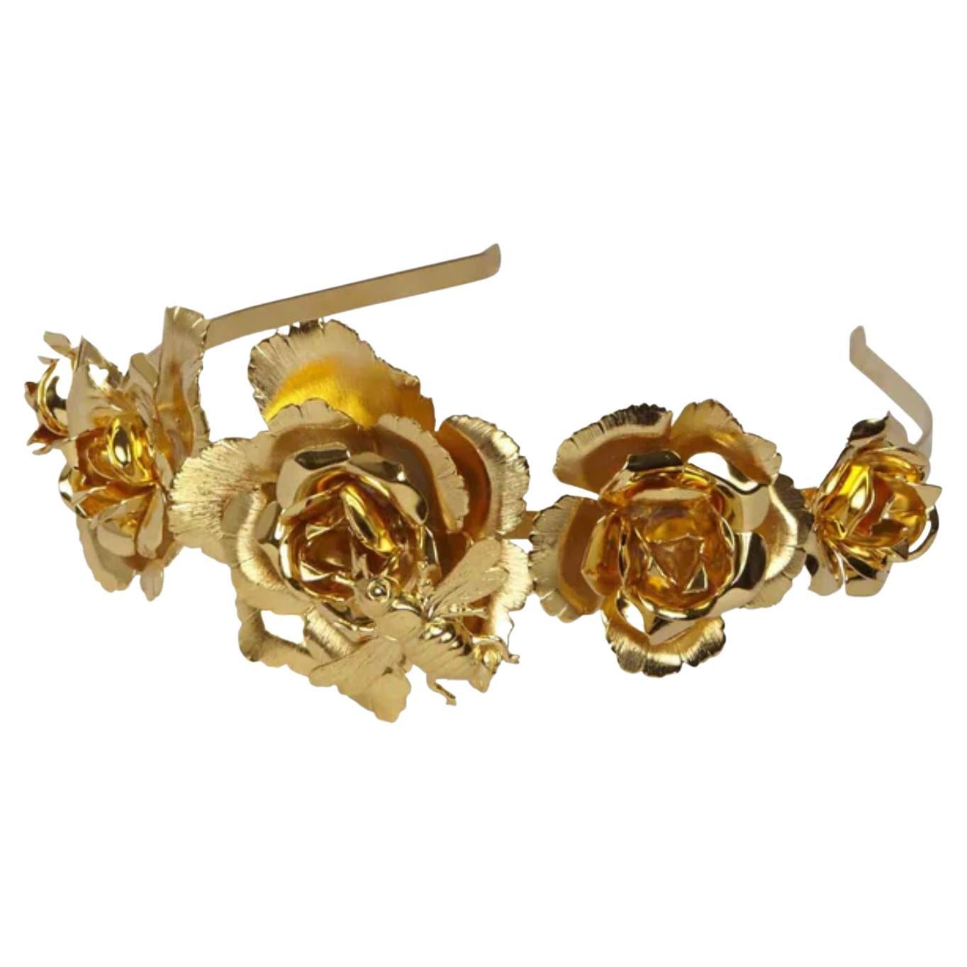 24K Yellow Gold Peony Bee Headband For Sale