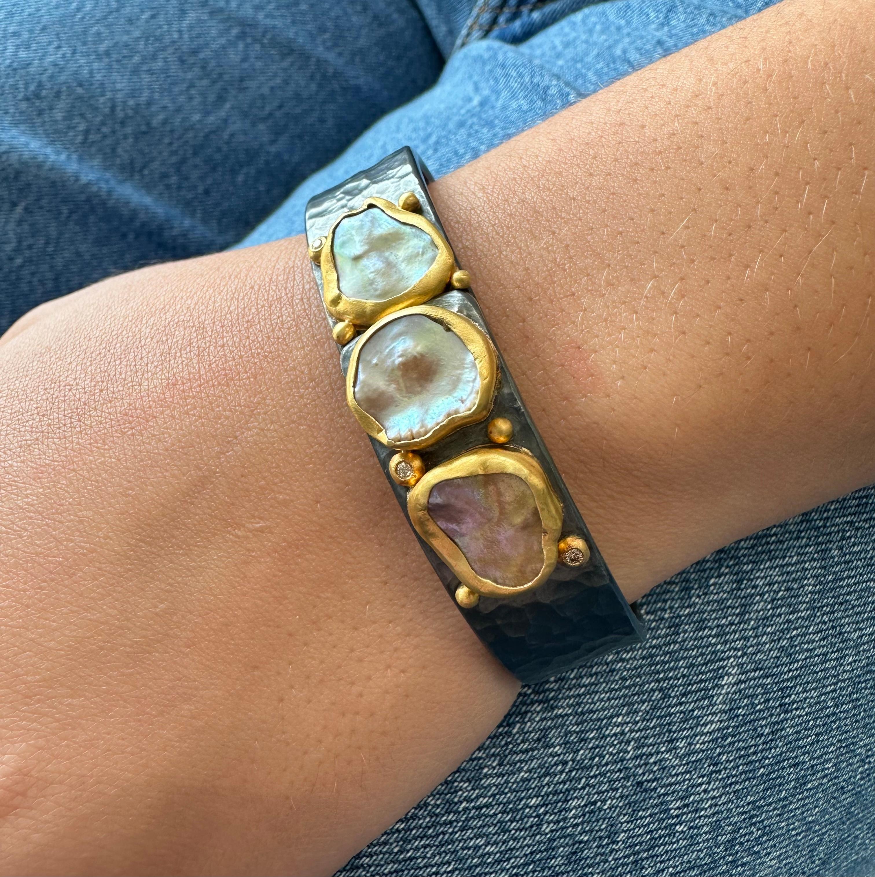 Modern 24K YG, Oxidized Silver, Keshi Pearl and Diamond Bracelet by Lika Behar For Sale
