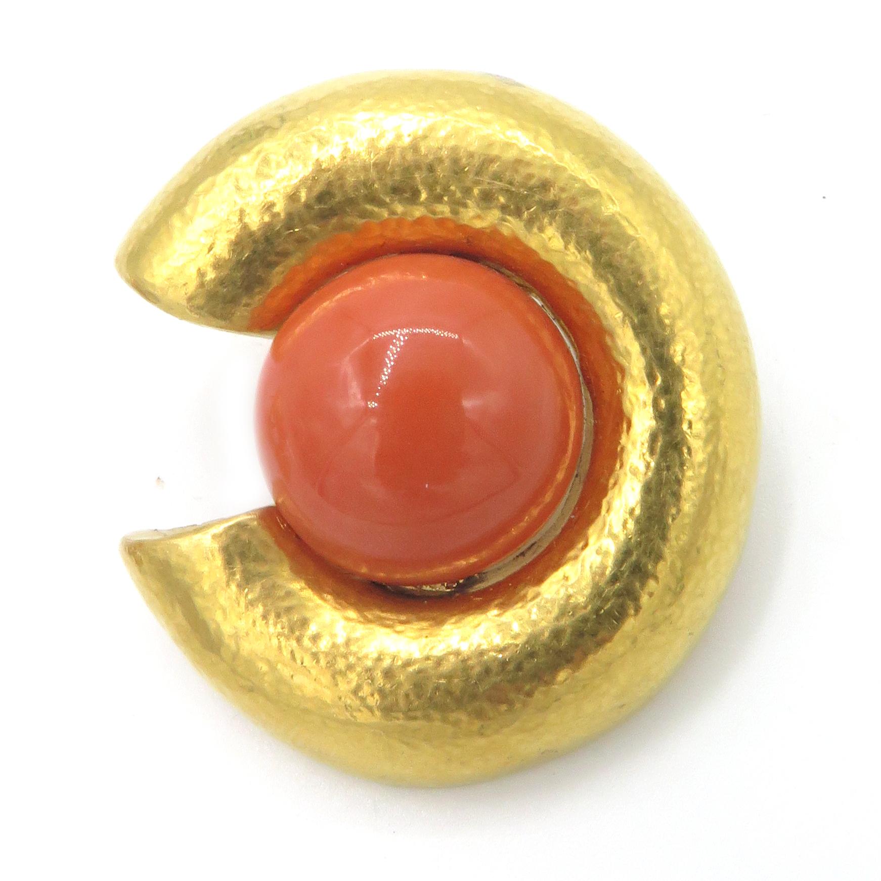 Zolotas was founded in Athens, Greece in 1895. Their timeless designs are a combination of ancient Greek heritage with modern style. These beautiful 24Kt yellow gold earrings with a beautiful round cabochon coral at the center. The, earrings weigh