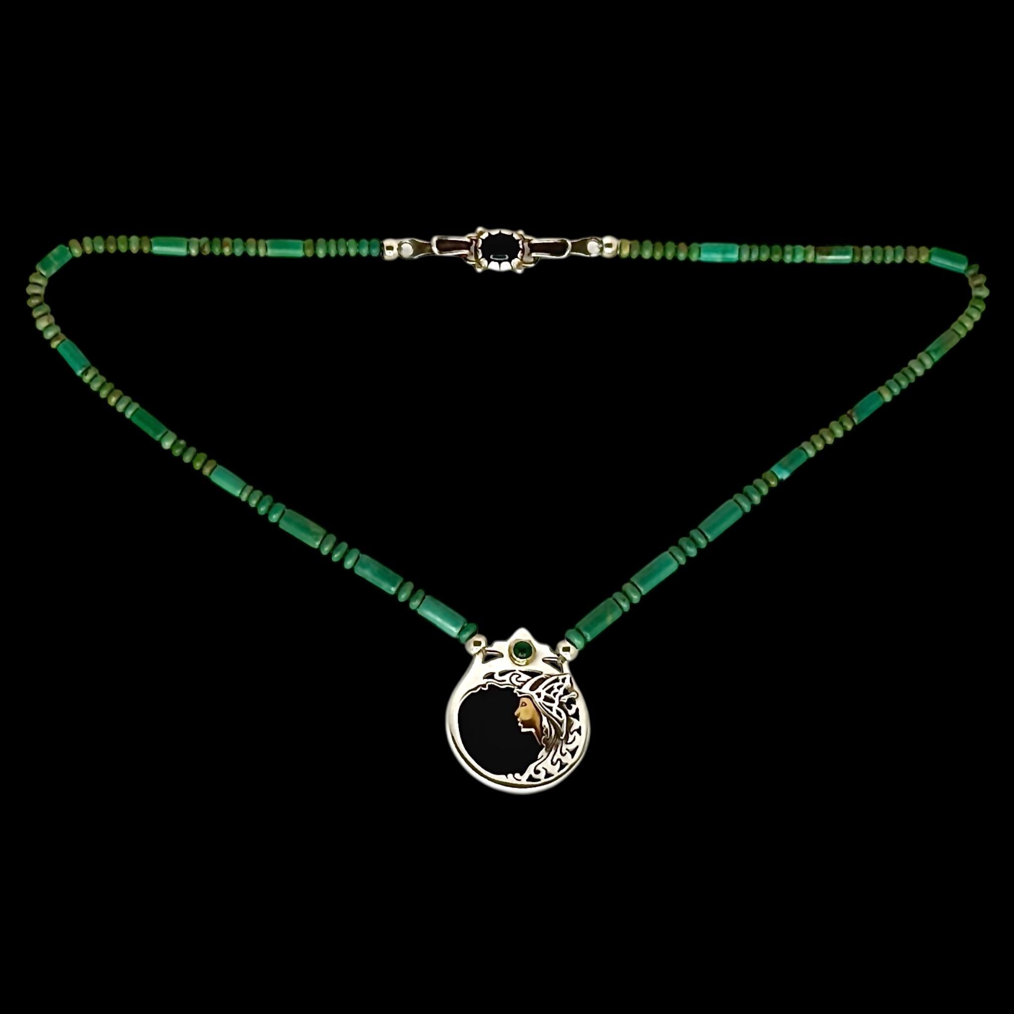 24kt e 18kt, Argento, Smeraldo, Onice e Turchese Heyoka Merrifield 2-SIDEDPendente in vendita 1