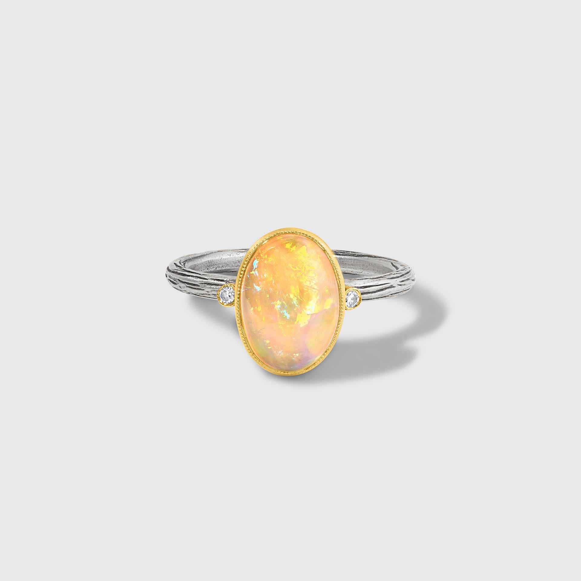 Contemporary 24kt Gold and Silver Oval, Pearlescent Opal Ring with Side Diamonds For Sale