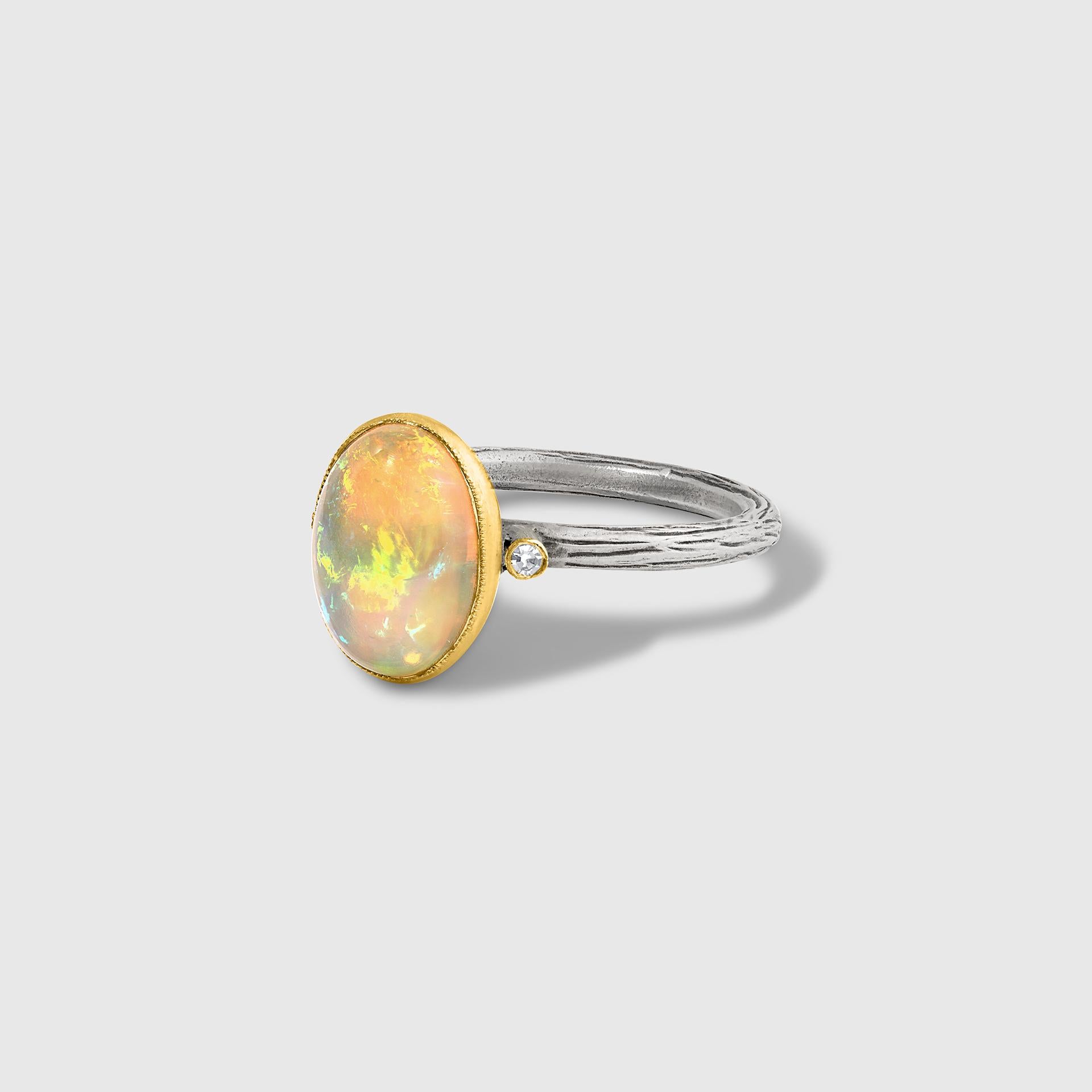Oval Cut 24kt Gold and Silver Oval, Pearlescent Opal Ring with Side Diamonds For Sale
