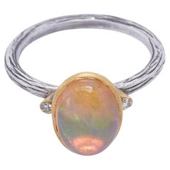 24kt Gold and Silver Oval, Pearlescent Opal Ring with Side Diamonds