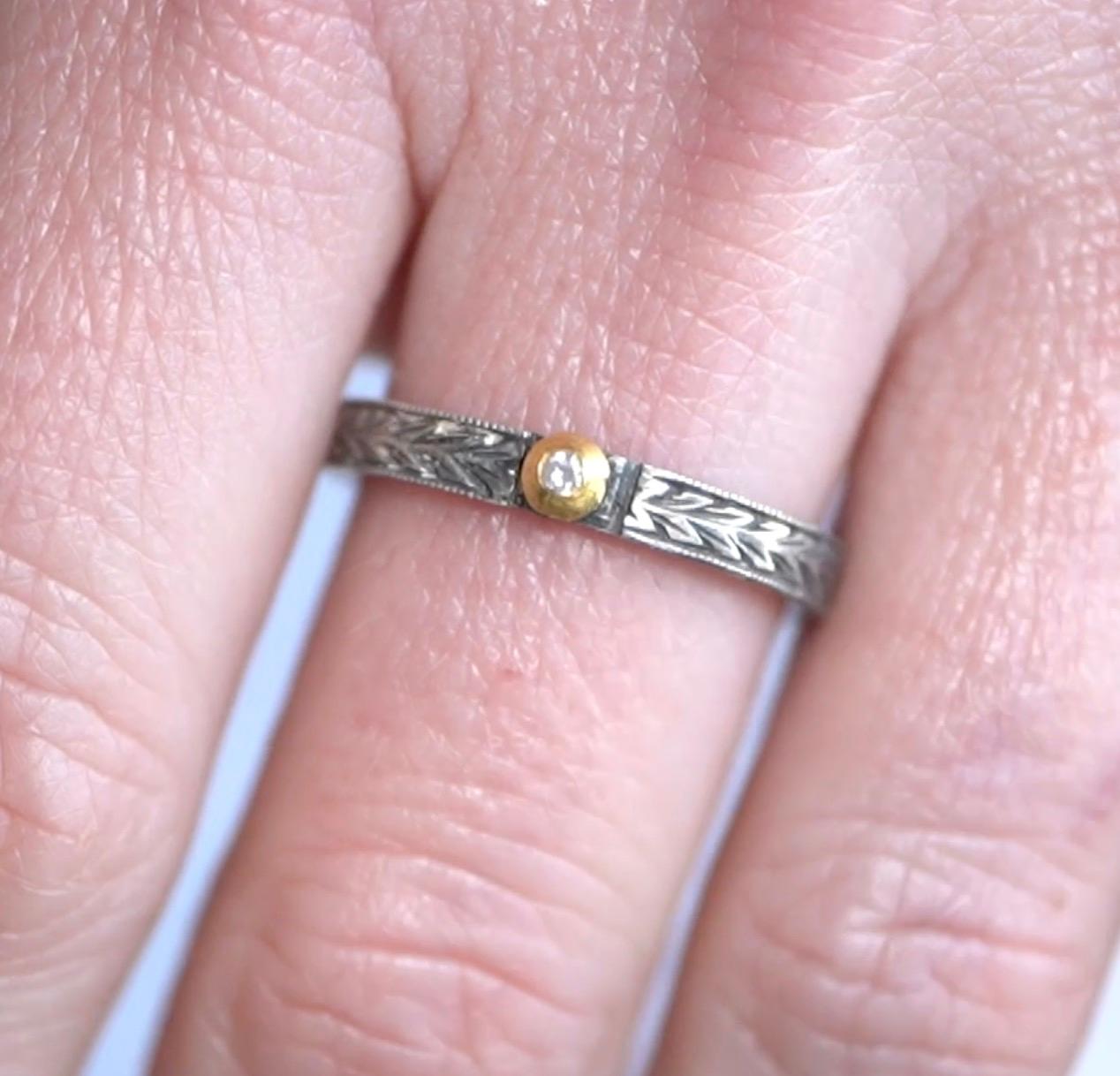24kt Gold and Silver with Single Diamond Engraved Stacker Ring by Prehistoric Works of Istanbul, Turkey. Diamond - 0.02cts. This makes for a great stacking ring with other bands.