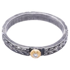 24kt Gold and Silver with Single Diamond Engraved Stacker Ring