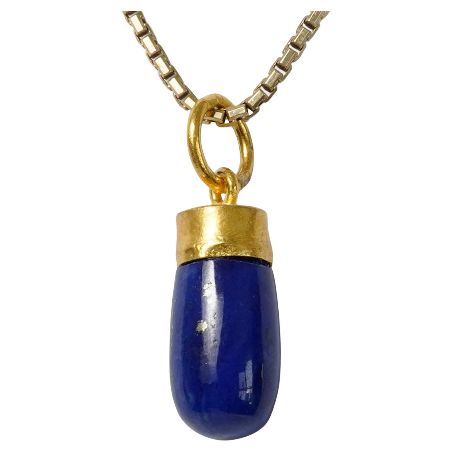24kt Yellow Gold 7.00ct Lapis Lazuli Drop Charm Pendant Necklace For Sale