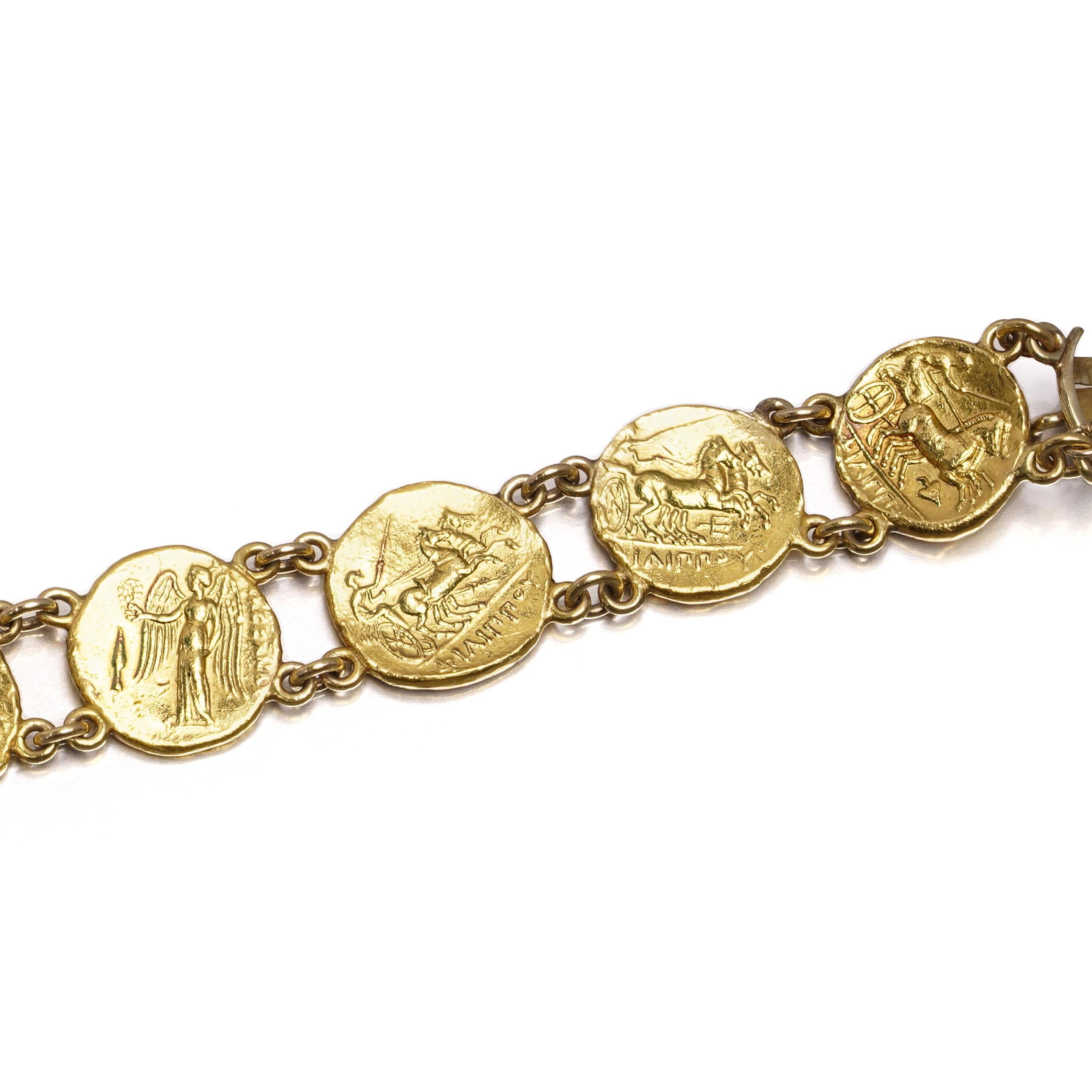 24kt Yellow Gold Ancient-Style Coin Link Bracelet For Sale 6