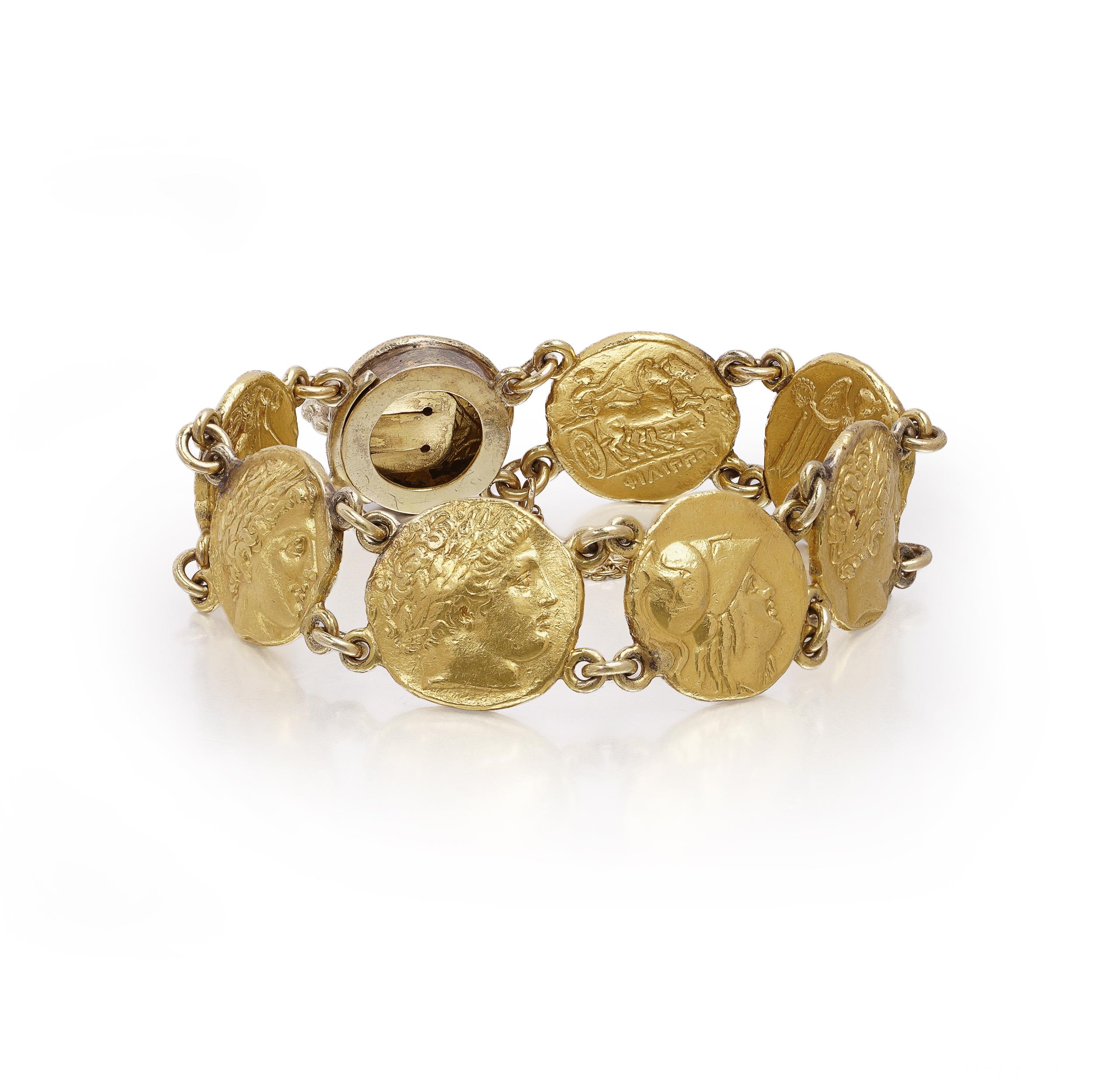 24kt Yellow Gold Ancient-Style Coin Link Bracelet For Sale 7
