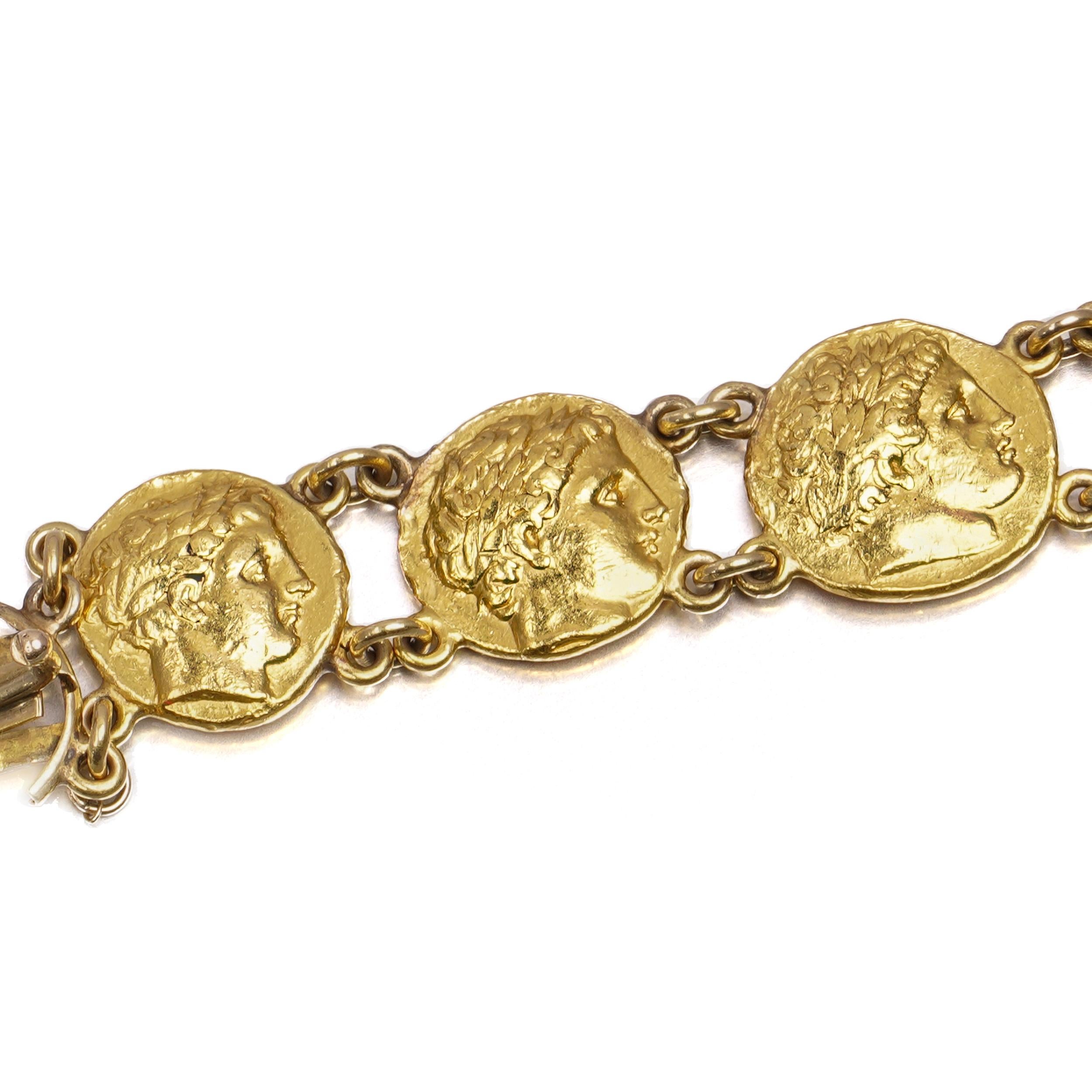 Women's or Men's 24kt Yellow Gold Ancient-Style Coin Link Bracelet For Sale