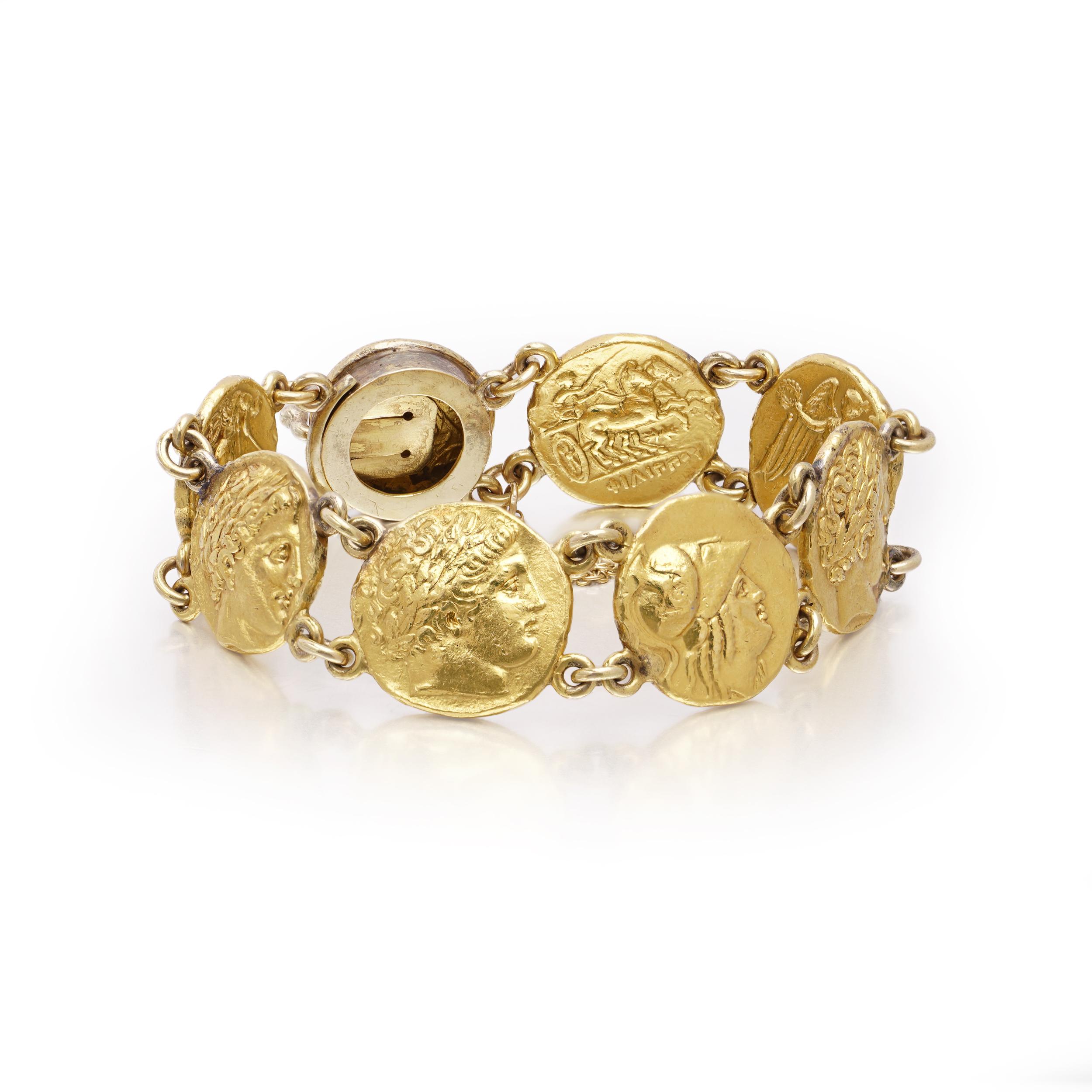 24kt Yellow Gold Ancient-Style Coin Link Bracelet For Sale 1