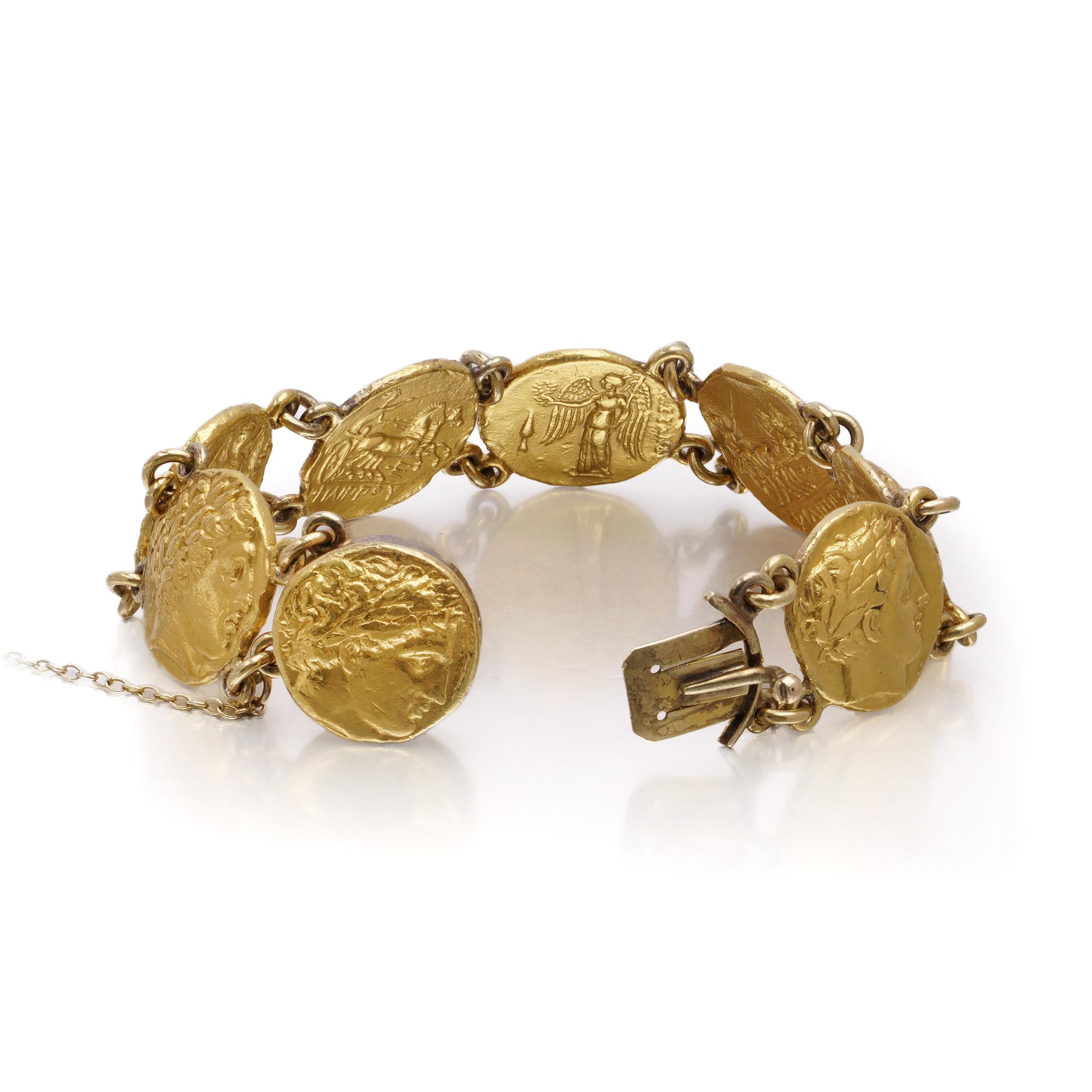 24kt Yellow Gold Ancient-Style Coin Link Bracelet For Sale 2