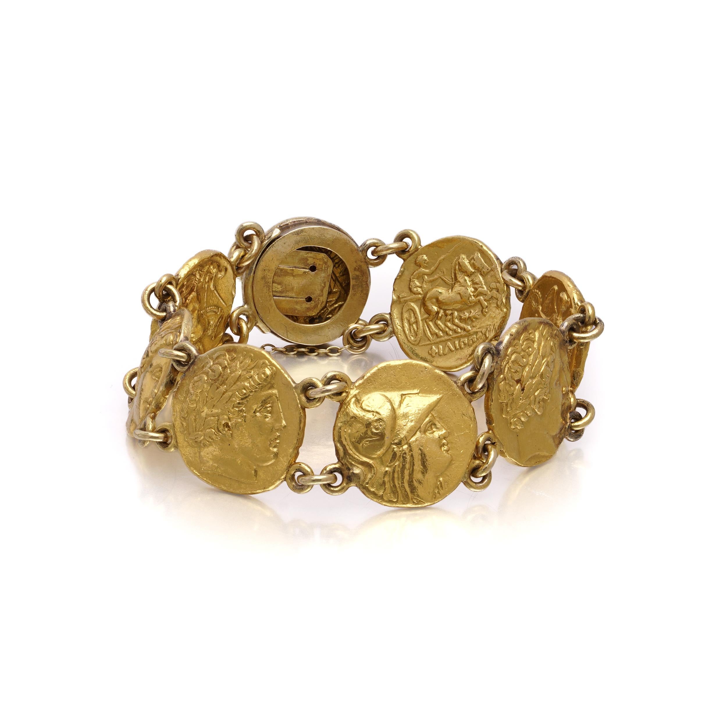 24kt Yellow Gold Ancient-Style Coin Link Bracelet For Sale 3