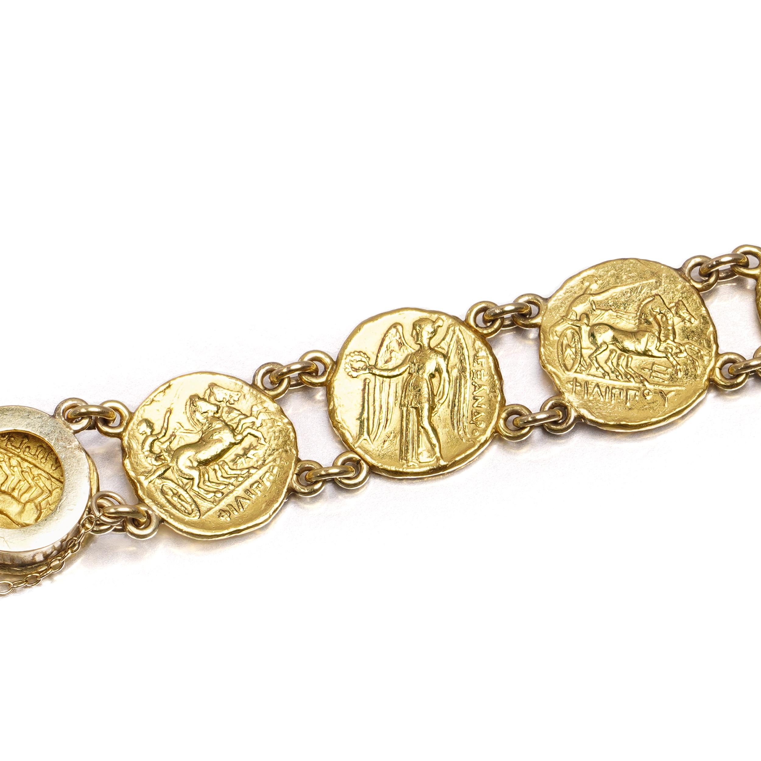 24kt Yellow Gold Ancient-Style Coin Link Bracelet For Sale 5