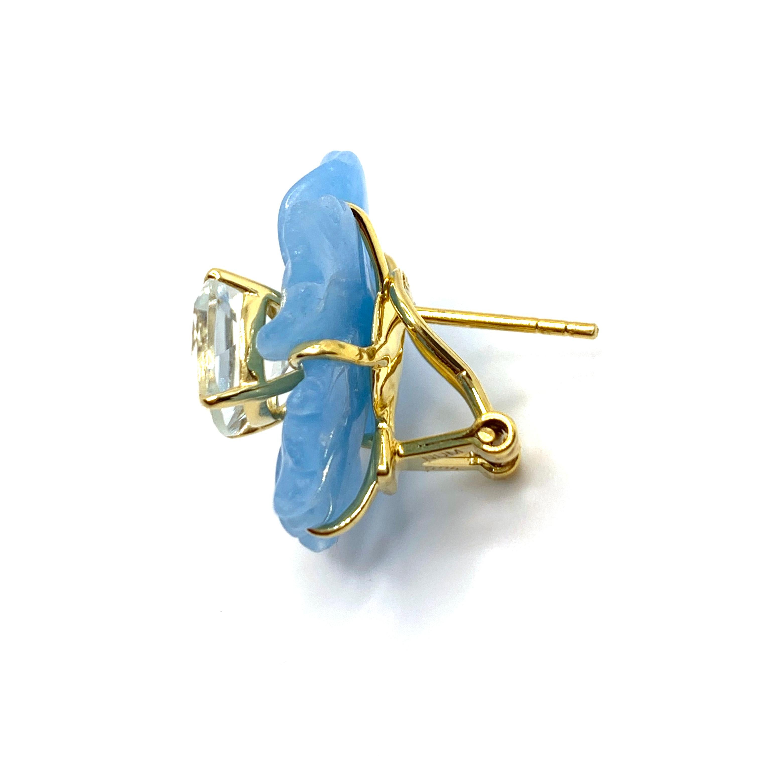 Artisan 24mm Carved Blue Quartzite Flower and Cushion Prasiolite Vermeil Earrings For Sale