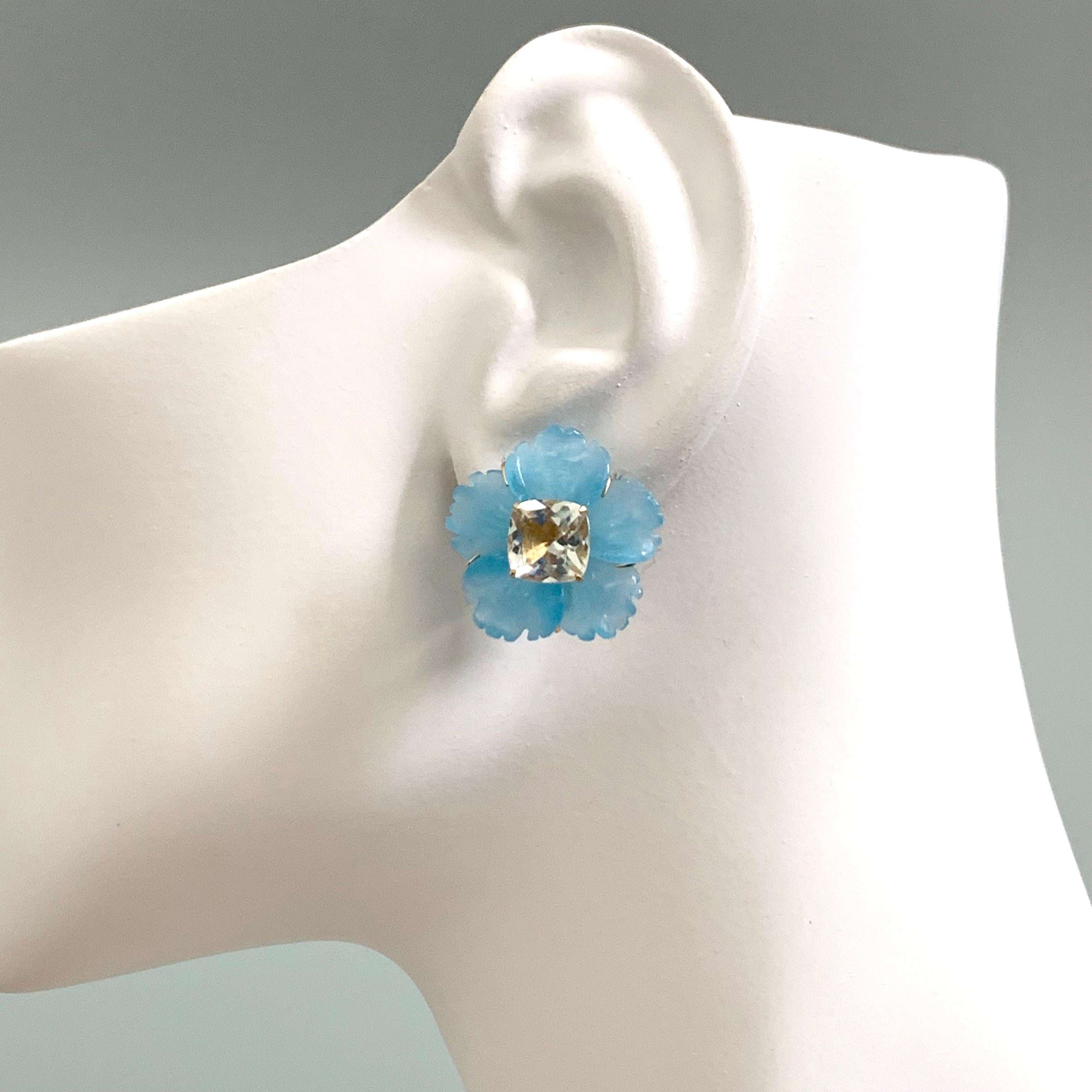 24mm Carved Blue Quartzite Flower and Cushion Prasiolite Vermeil Earrings In New Condition For Sale In Los Angeles, CA