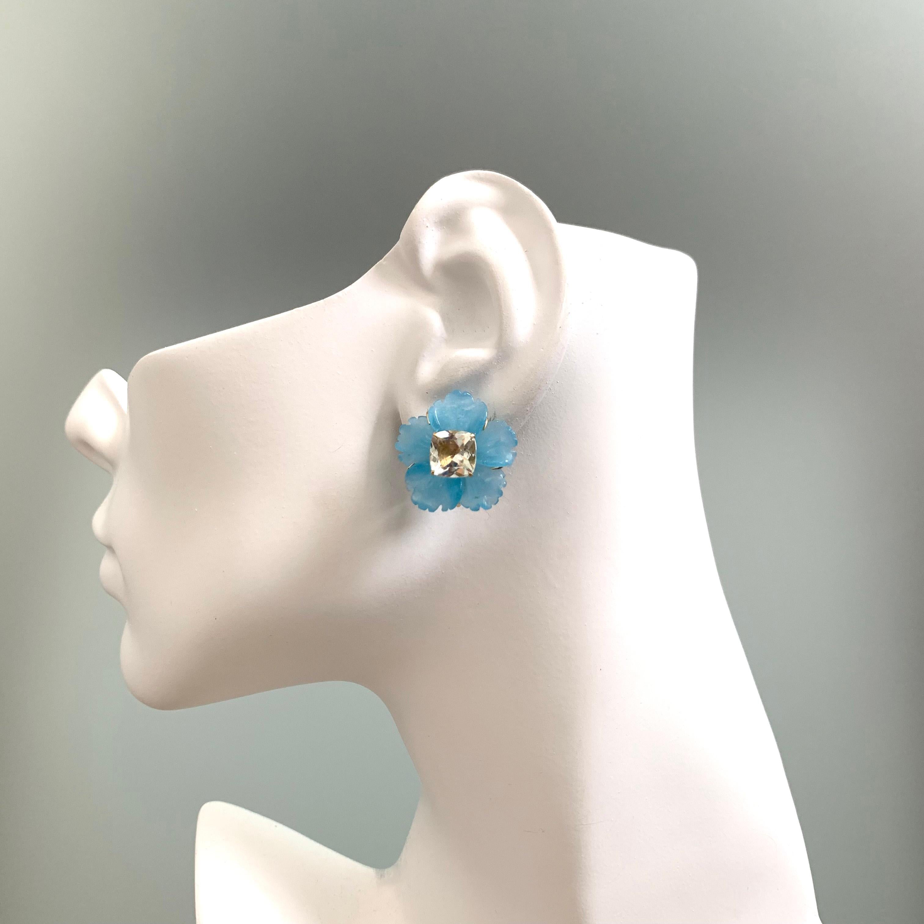 Women's 24mm Carved Blue Quartzite Flower and Cushion Prasiolite Vermeil Earrings For Sale