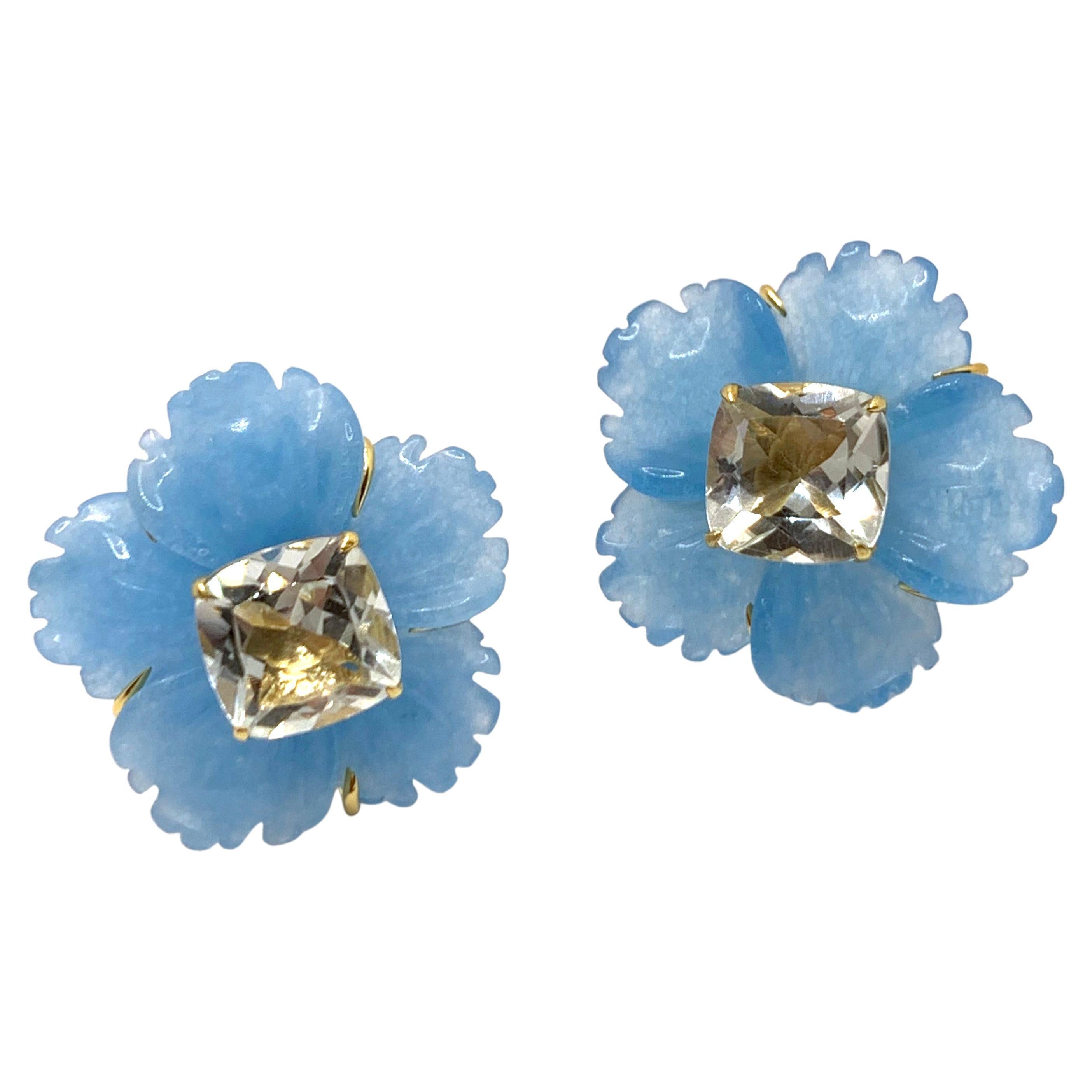 24mm Carved Blue Quartzite Flower and Cushion Prasiolite Vermeil Earrings For Sale