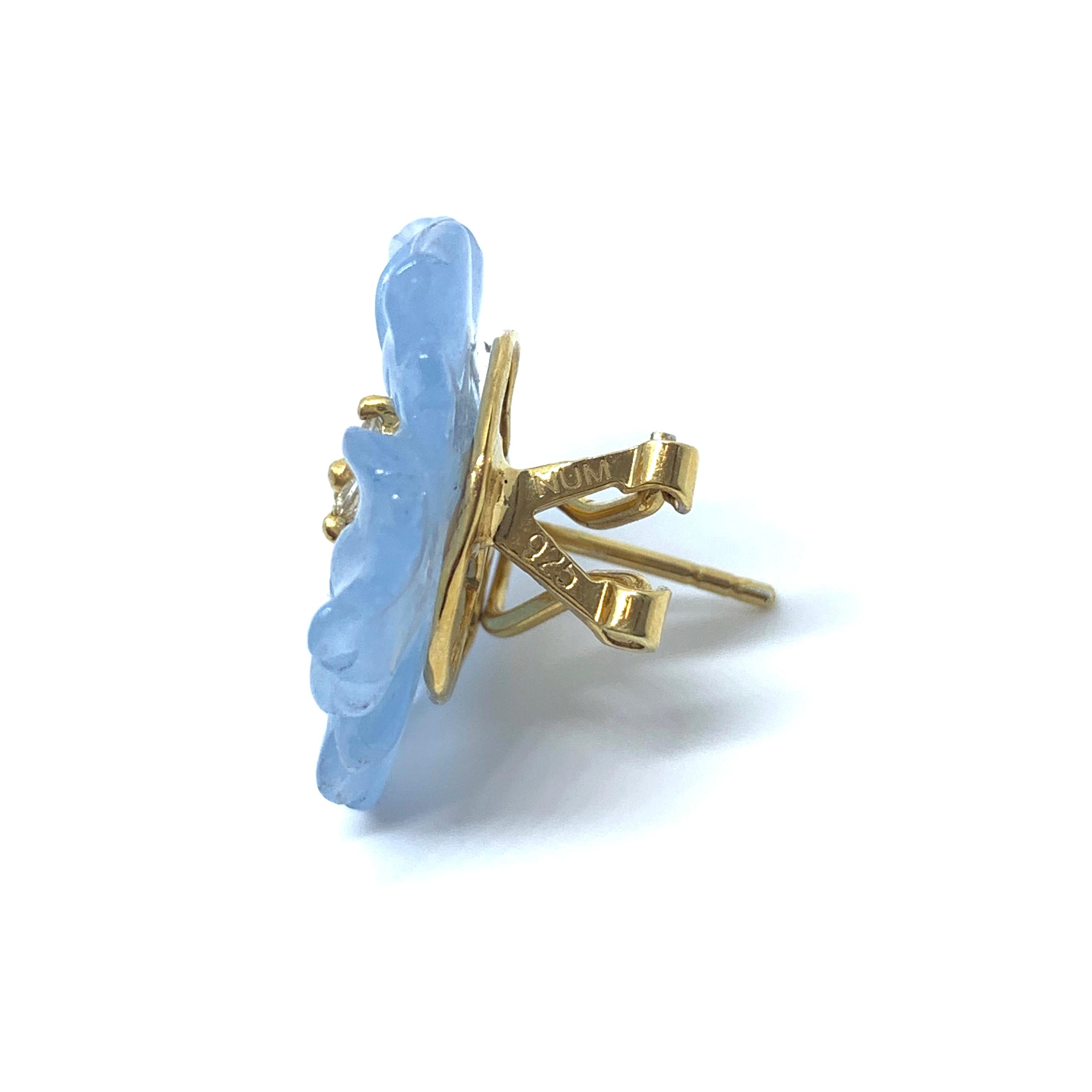 Artisan 24mm Carved Blue Quartzite Flower Vermeil Earrings For Sale
