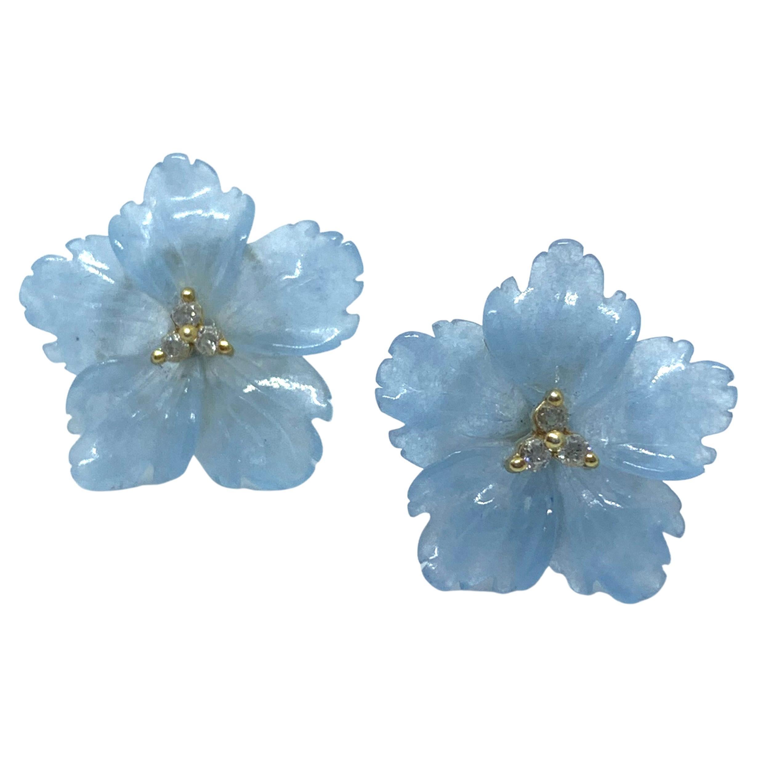 24mm Carved Blue Quartzite Flower Vermeil Earrings For Sale